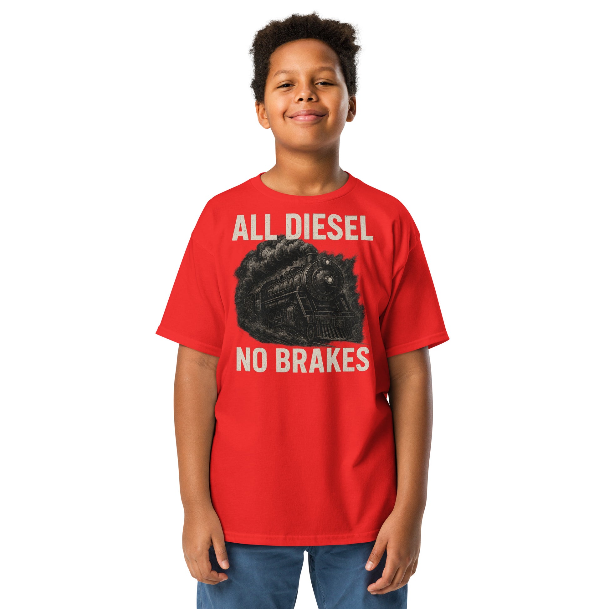 Child wearing a red t-shirt with 'All Diesel No Brakes' graphic and text.