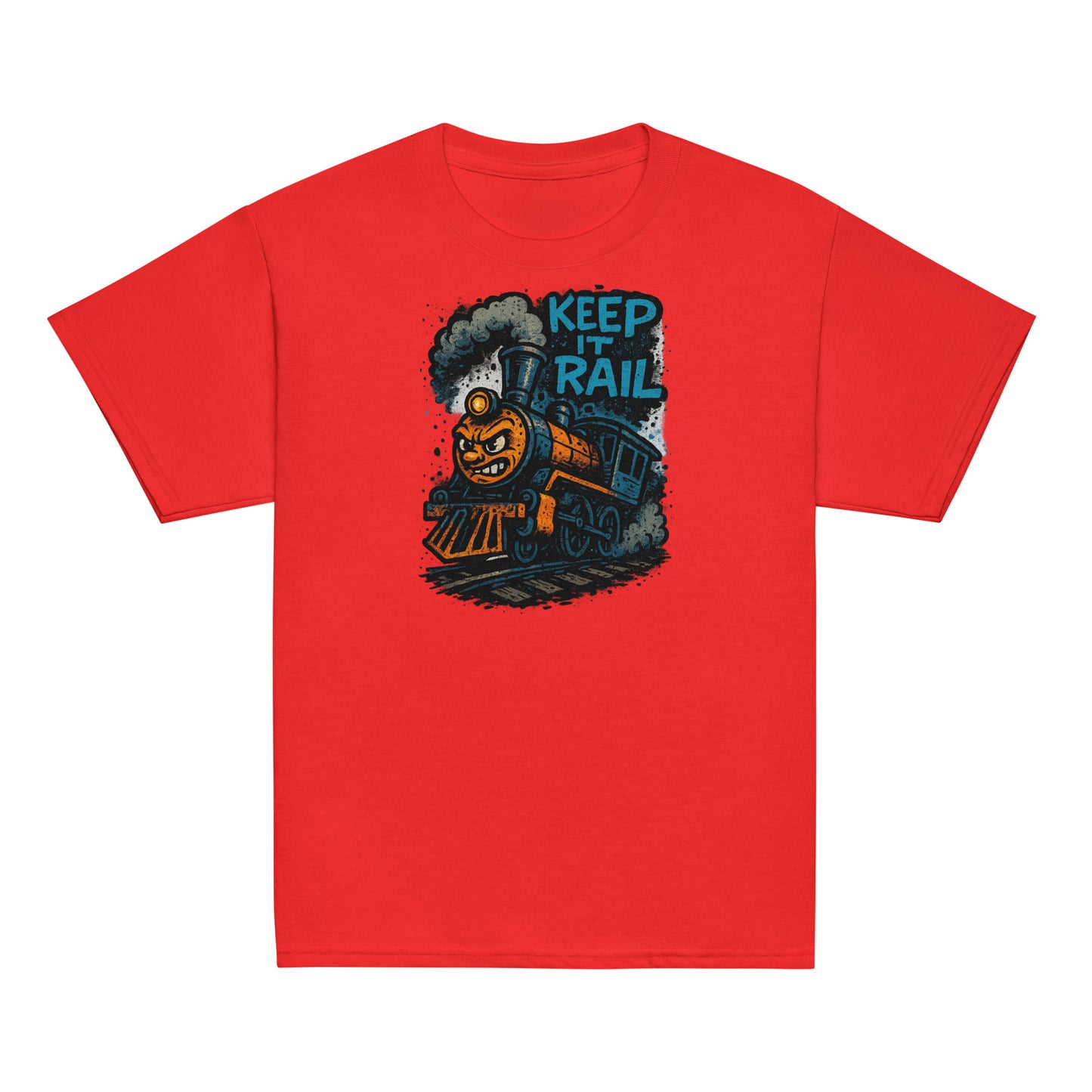 Red t-shirt with a train graphic and 'Keep It Rail' text on a white background