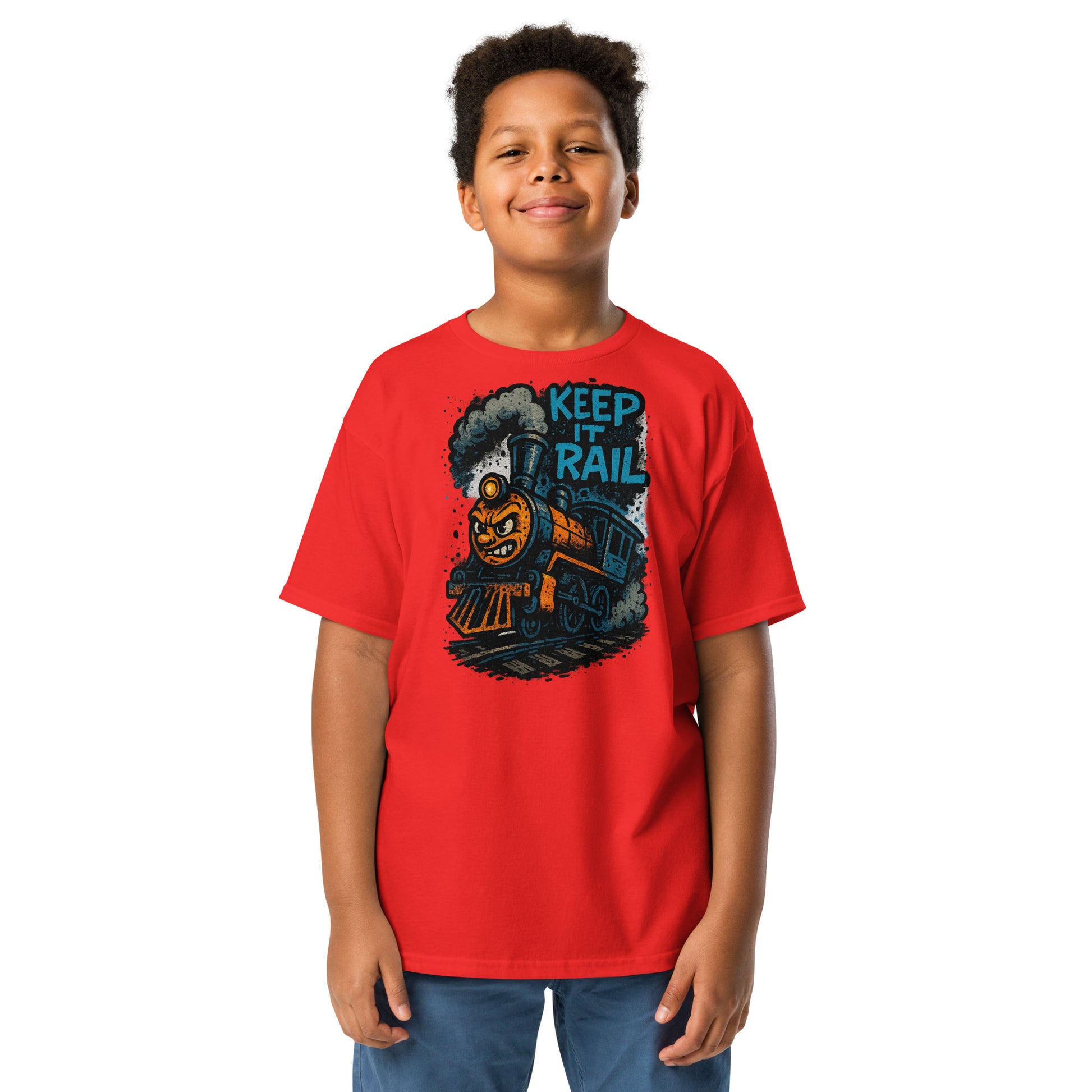 Child wearing a red t-shirt with a train graphic and text on a white background