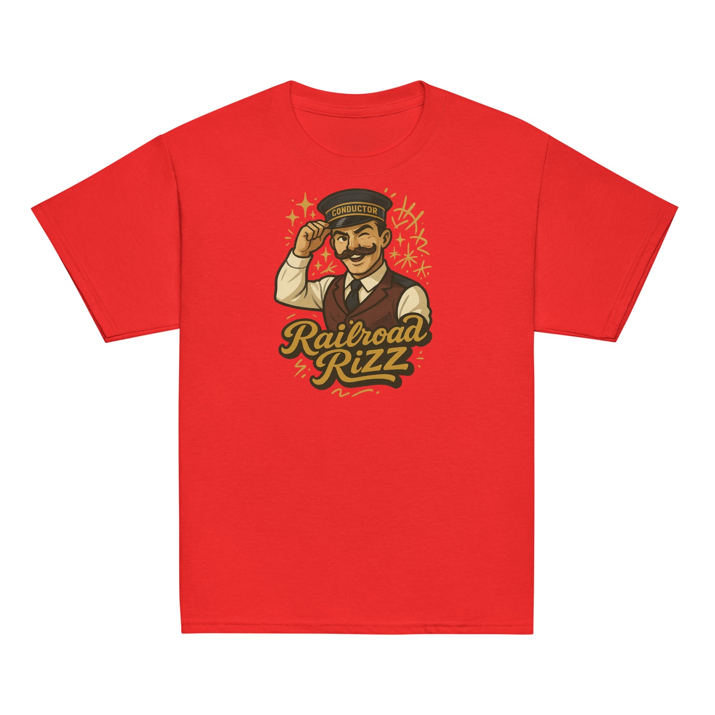 Red t-shirt with a graphic of a铁路员 and 'Railroad Rizz' text on a white background
