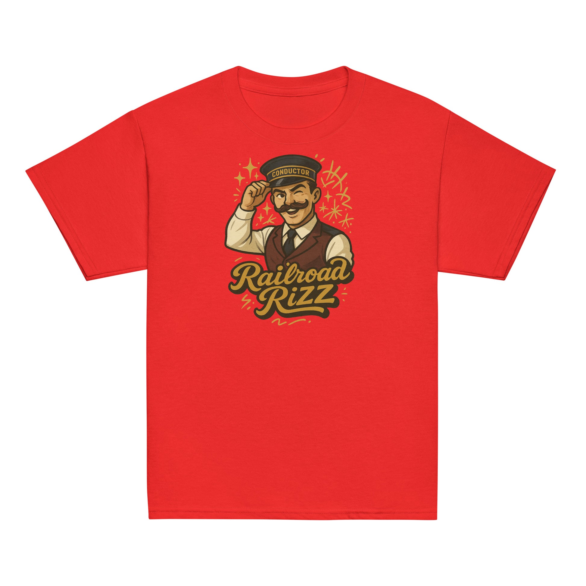 Red t-shirt with a graphic of a铁路员 and 'Railroad Rizz' text on a white background