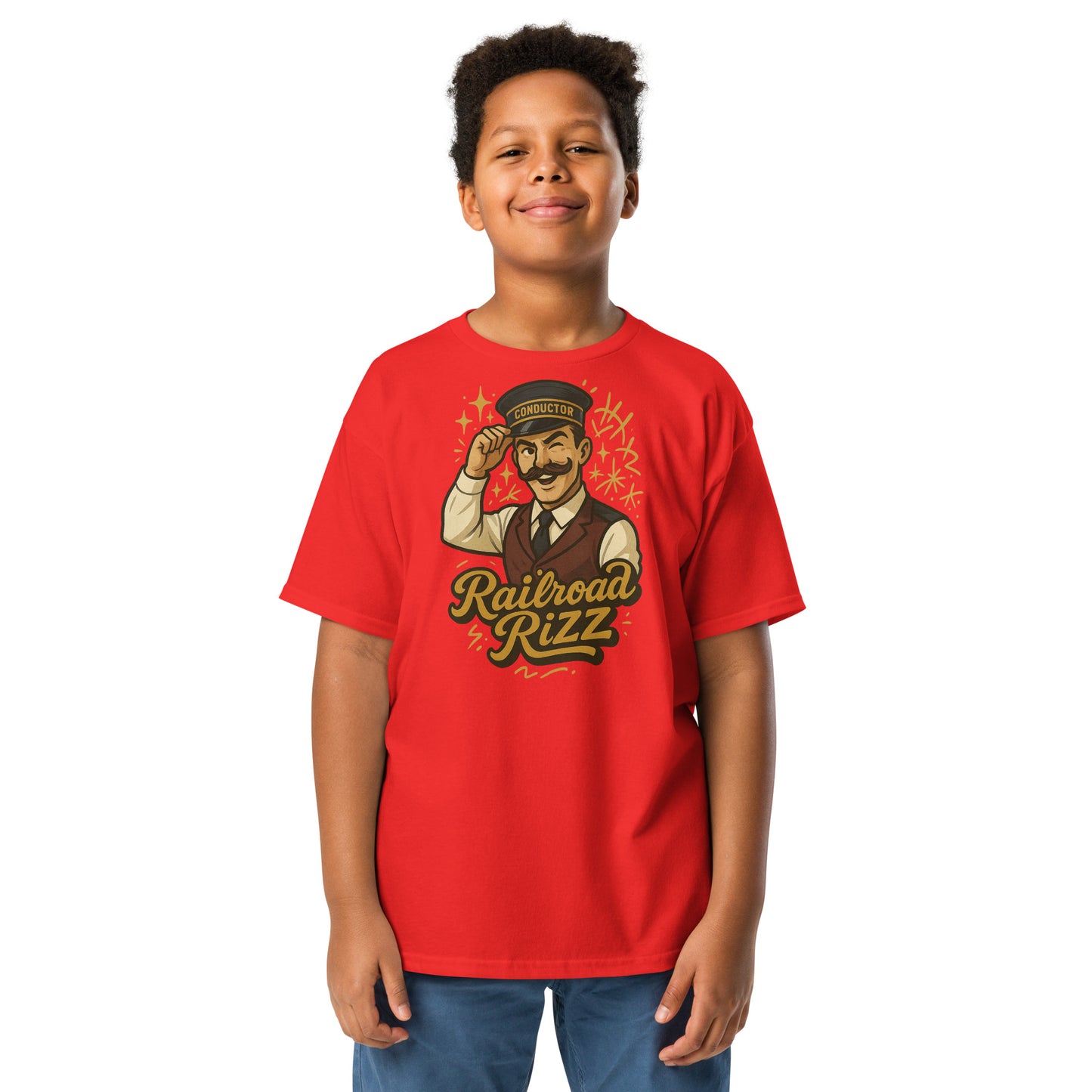 Child wearing a red t-shirt with a graphic design on a white background