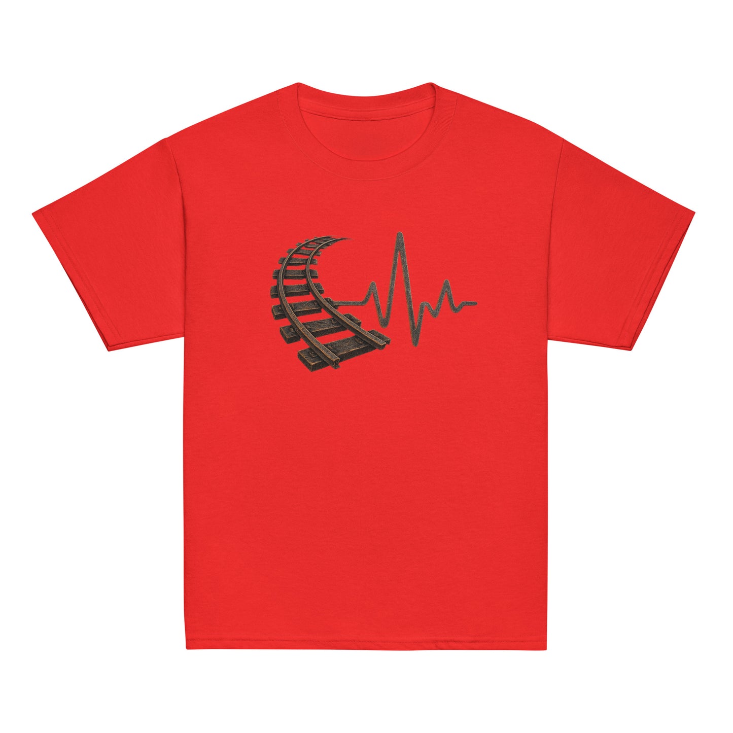 Red t-shirt with a graphic design on a white background