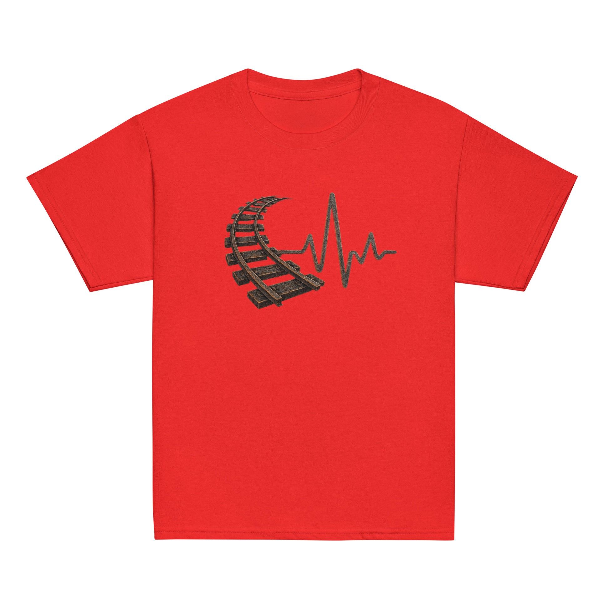 Red t-shirt with a graphic design on a white background