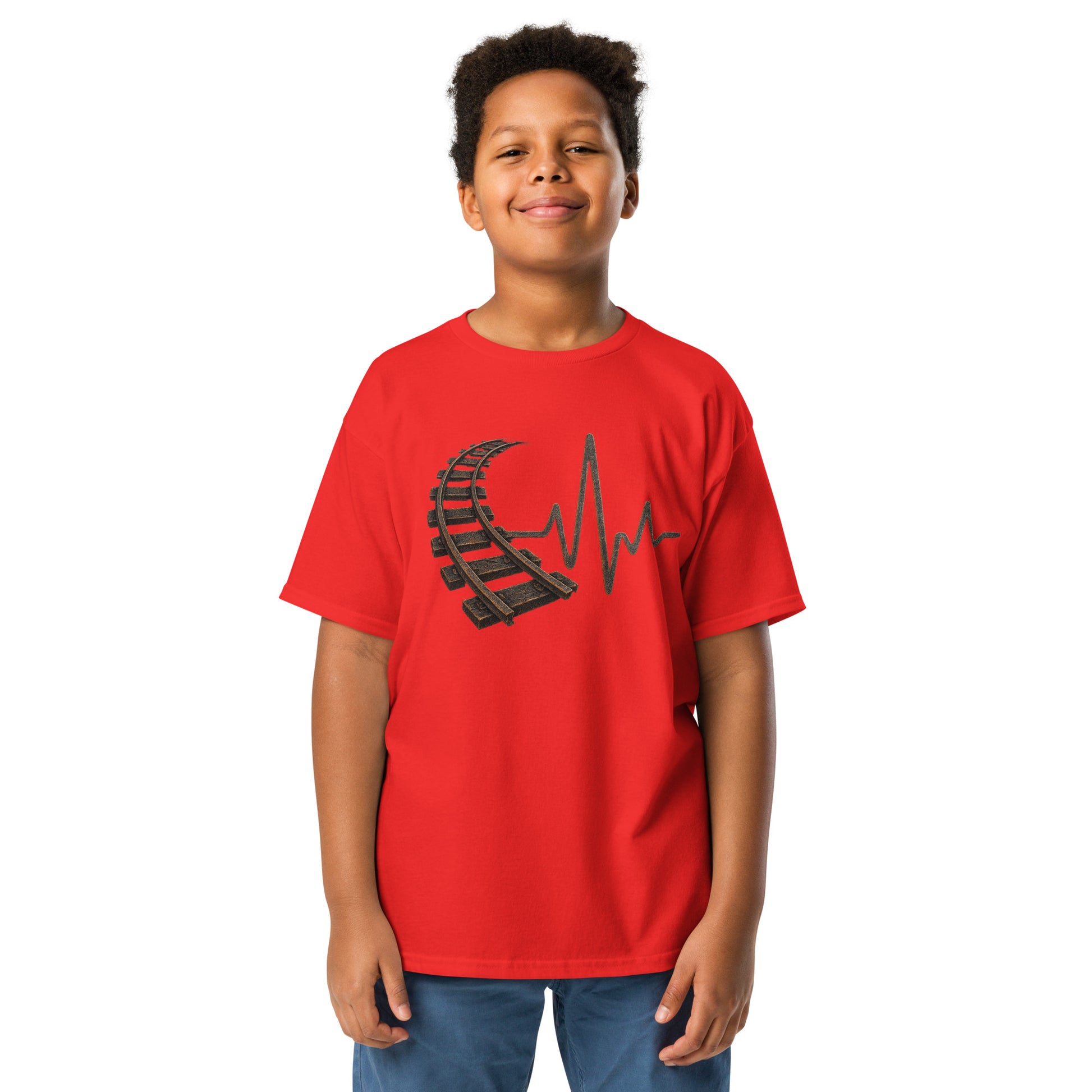 Child wearing a red t-shirt with a graphic design on a white background