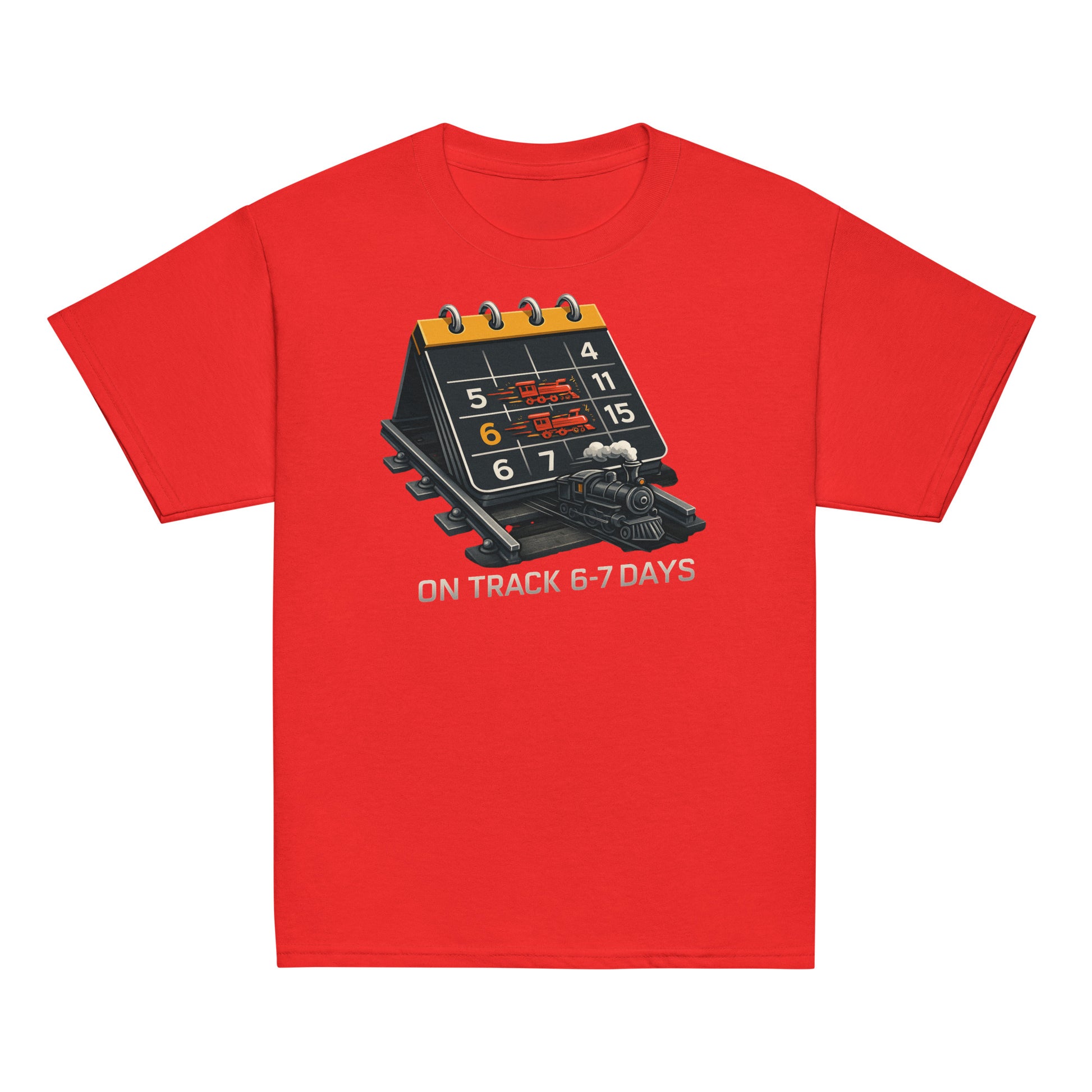 Red t-shirt with a calendar and train graphic on a white background