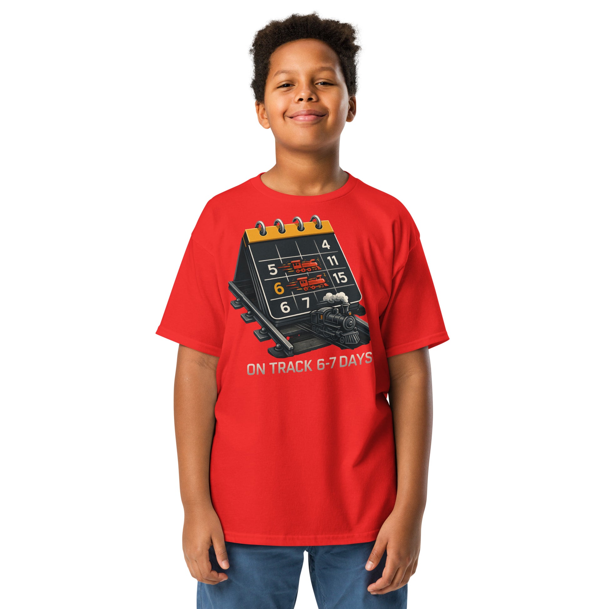 Child wearing a red t-shirt with a graphic design on a white background