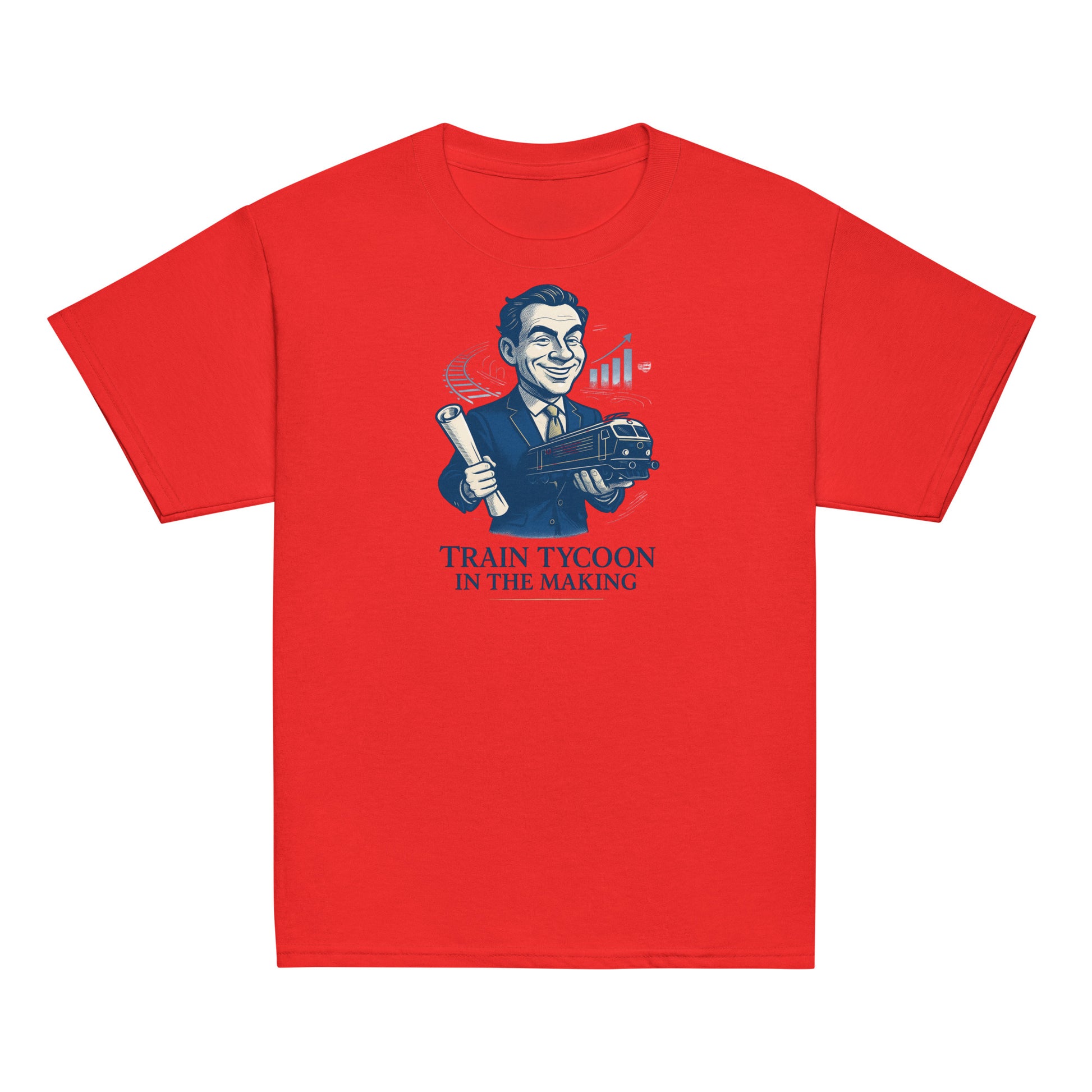 Red t-shirt with a graphic of a man in a suit holding a train and text 'Train Tycoon in the Making' on a white background.