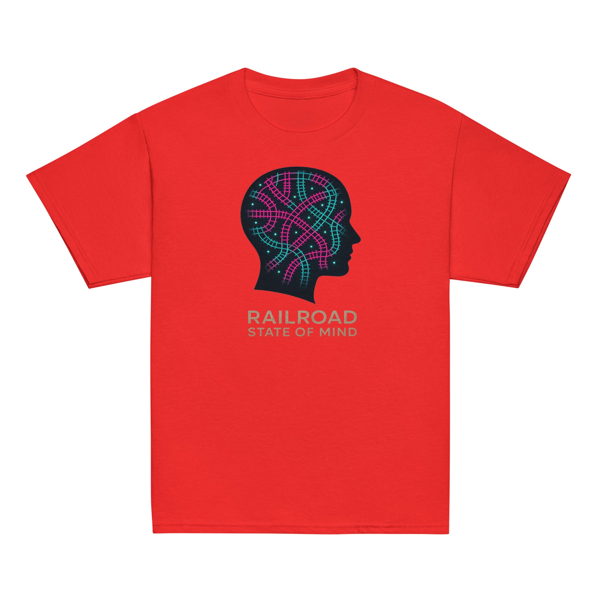 Red t-shirt with a graphic design and text on a white background