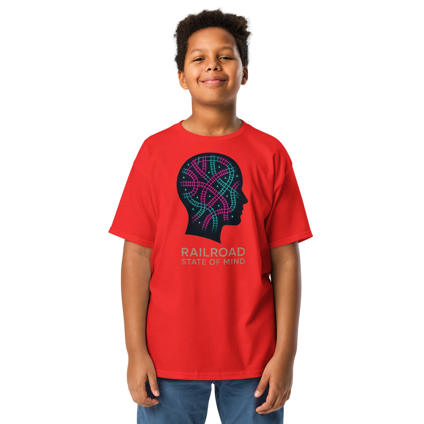 Child wearing a red t-shirt with a colorful graphic and text on a white background