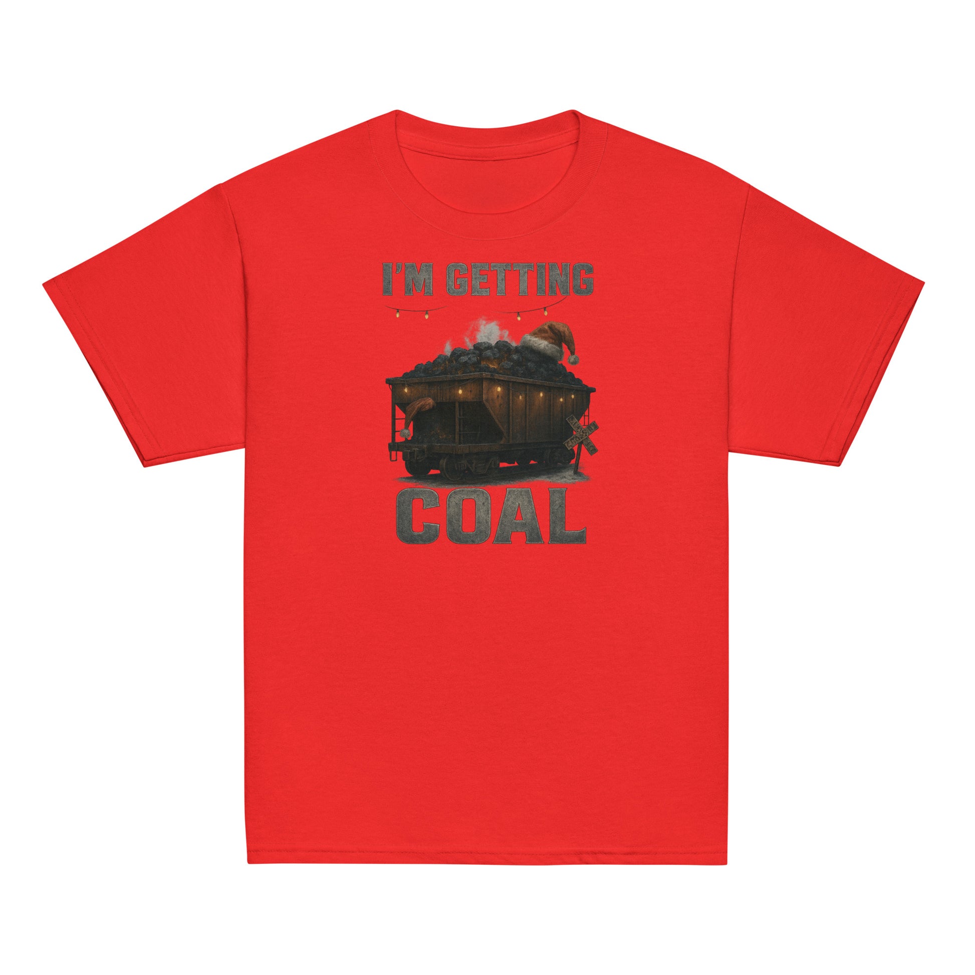 Red t-shirt with a graphic of a coal car and text 'I'm Getting Coal' on a white background
