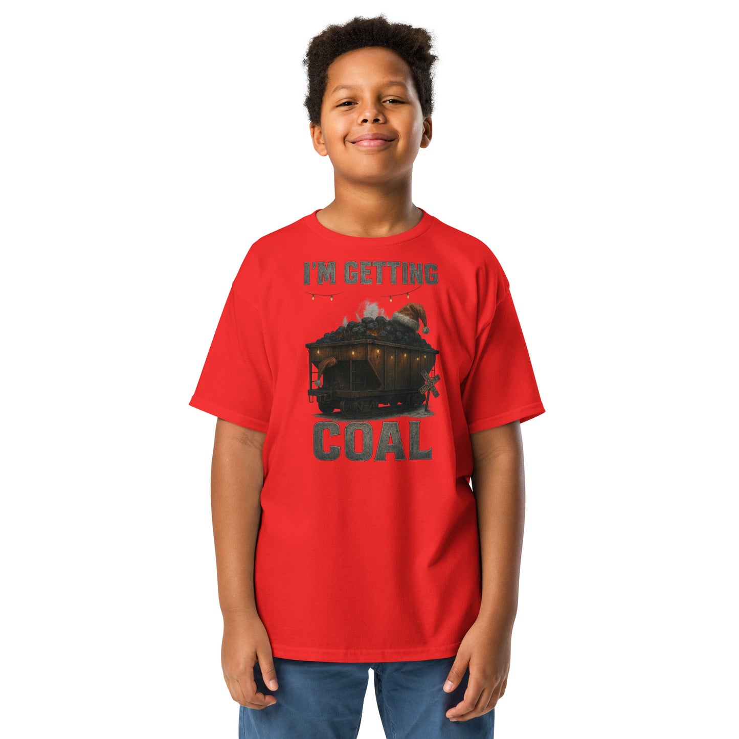 Child wearing a red t-shirt with a graphic and text on a white background