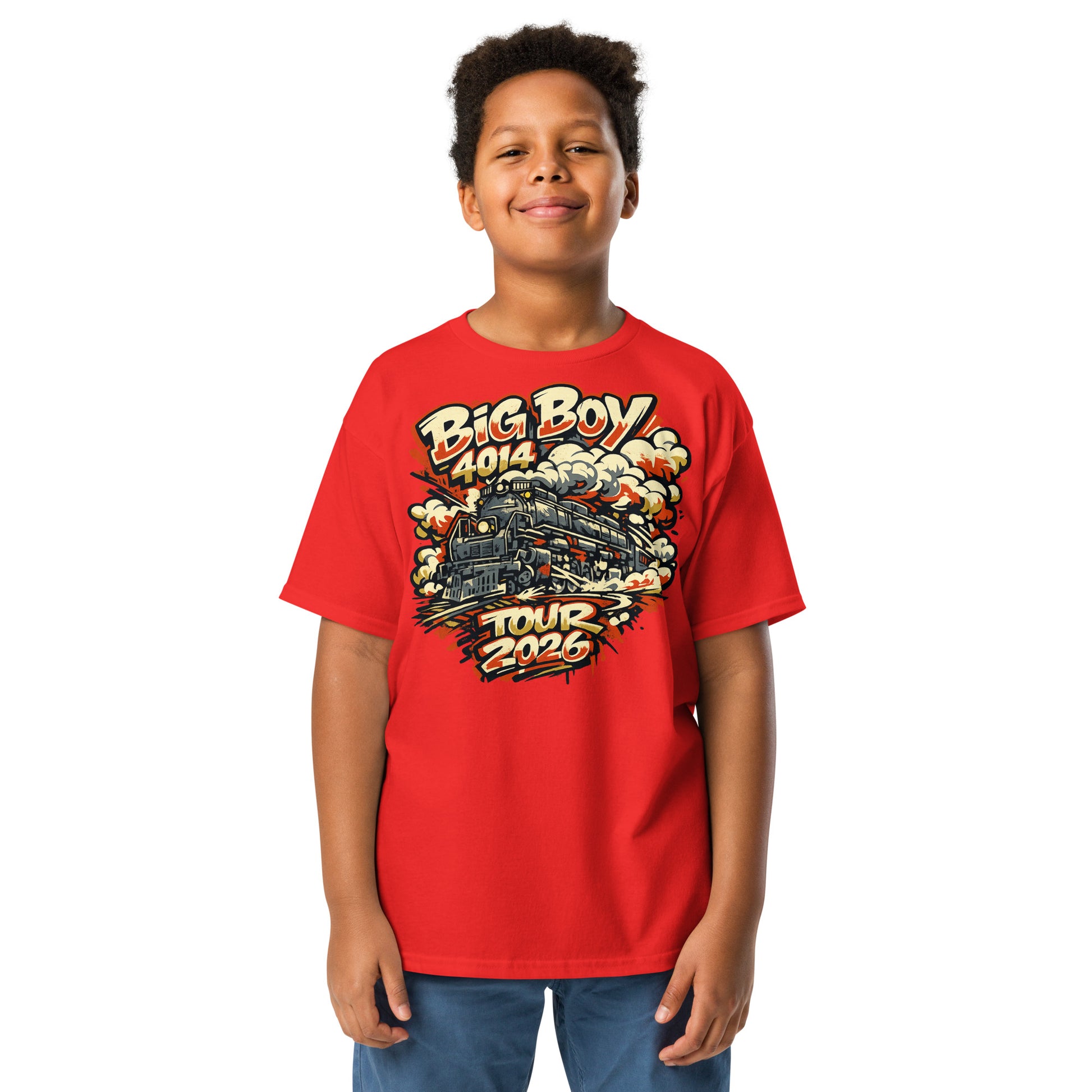 Child wearing a red t-shirt with colorful Big Boy 4014 graphics and text on a white background