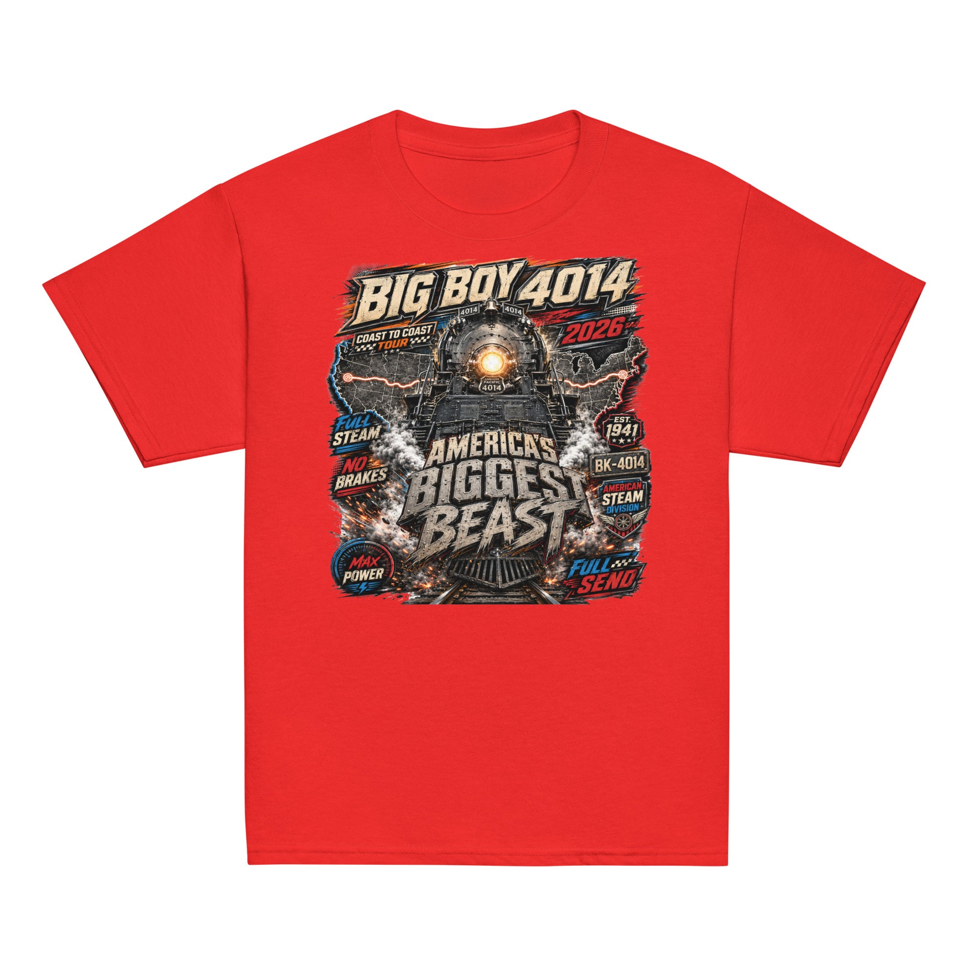 Youth red t-shirt featuring a high-energy, colorful graphic of the Big Boy 4014 steam locomotive backed by a US map, with bold text reading "BIG BOY 4014", "COAST TO COAST TOUR 2026", "AMERICA'S BIGGEST BEAST", "FULL STEAM", "NO BRAKES", "MAX POWER", and "FULL SEND".