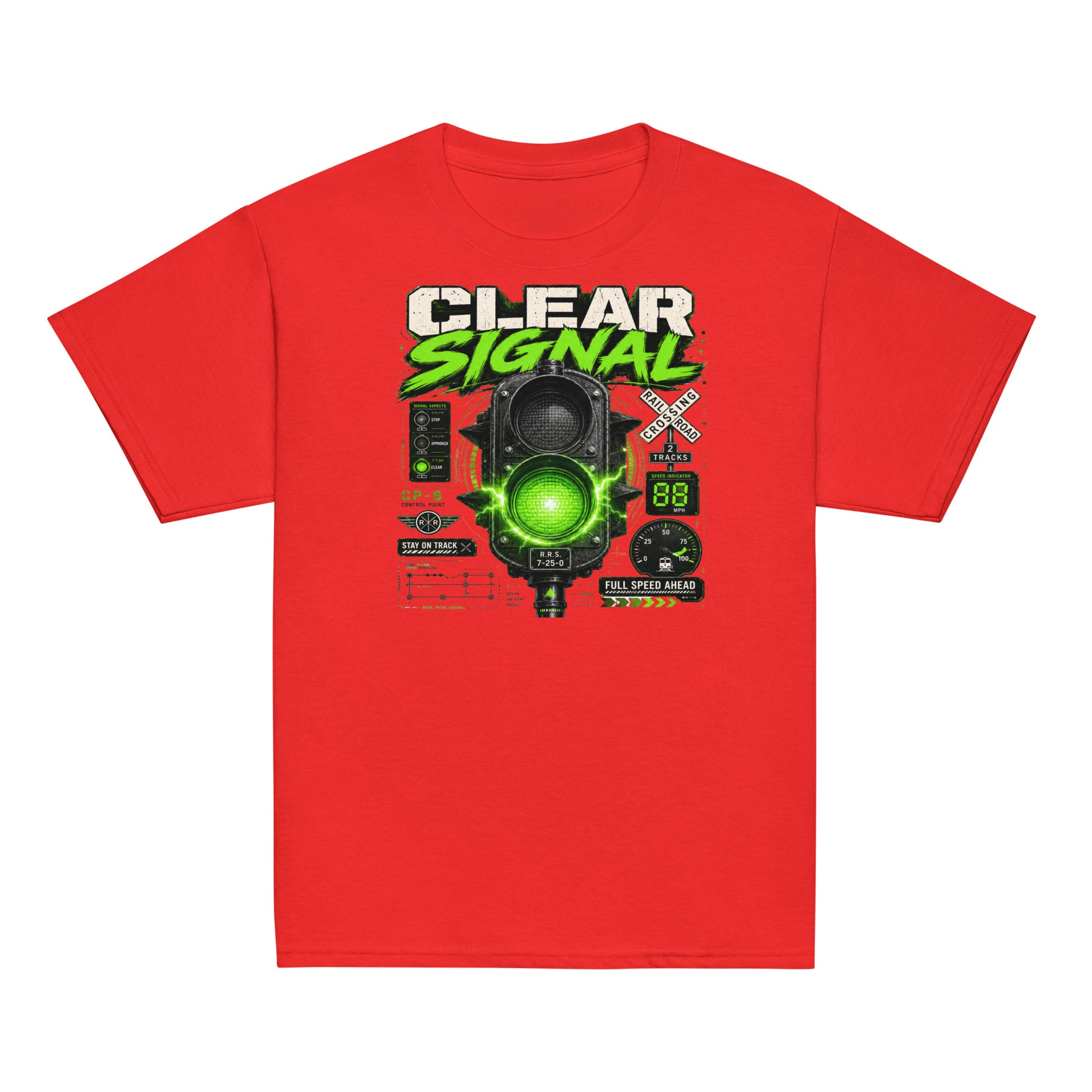 Red short-sleeve t-shirt featuring a bold graphic with the words CLEAR SIGNAL in white and neon green above an electrified green train signal, railroad crossing signs, and technical dials.
