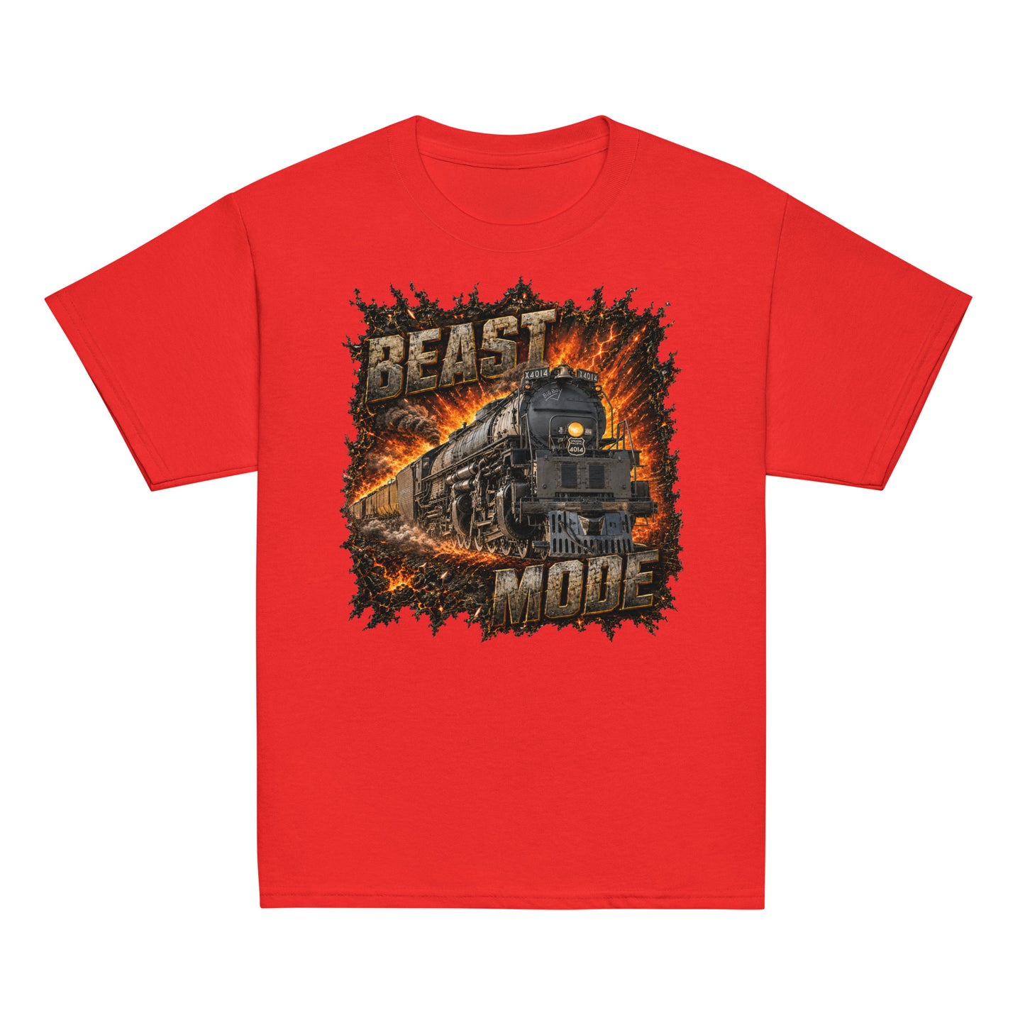 Red short-sleeve t-shirt featuring an explosive, fiery graphic of a steam locomotive charging forward, framed by the text BEAST at the top and MODE at the bottom in rugged, stone-textured letters.