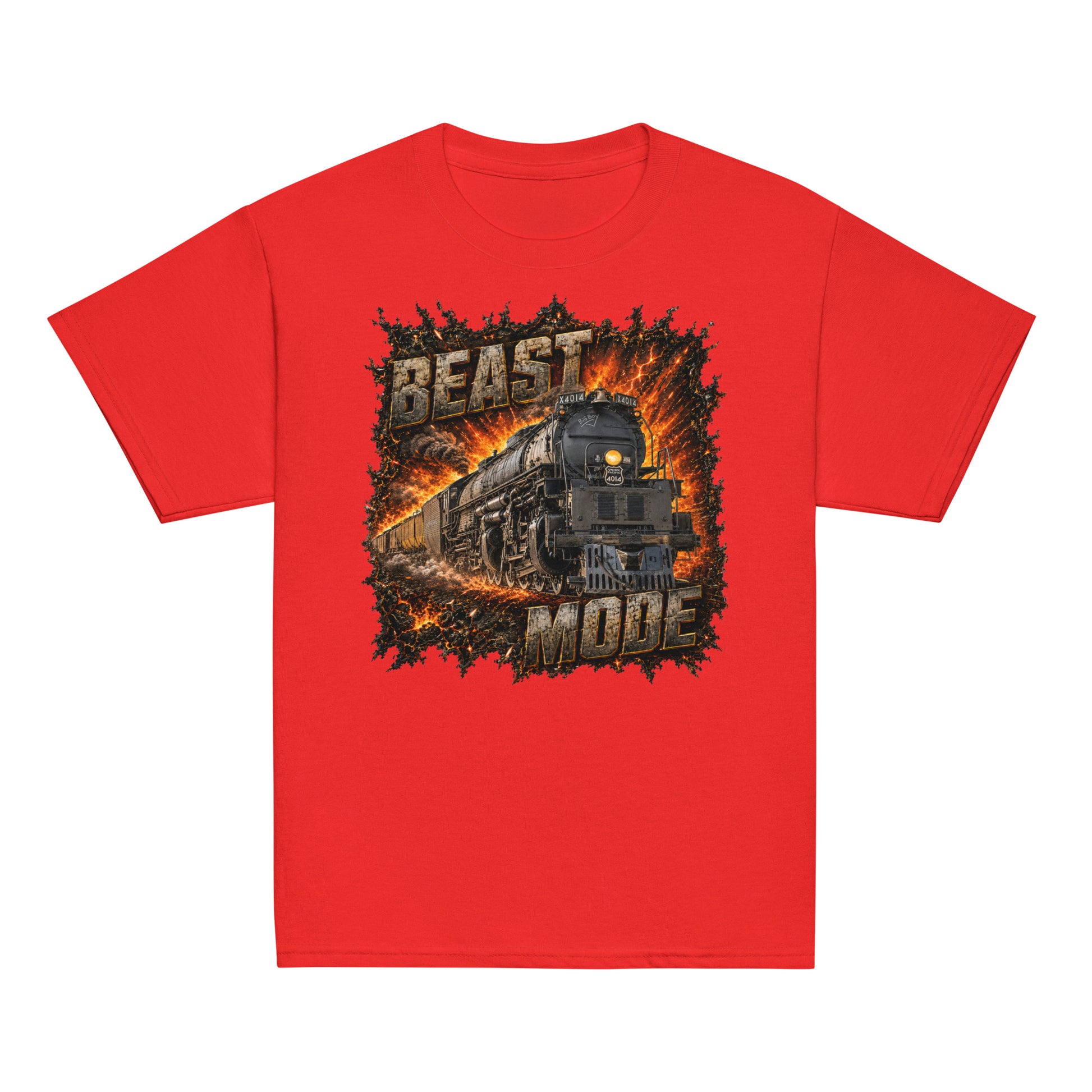 Red short-sleeve t-shirt featuring an explosive, fiery graphic of a steam locomotive charging forward, framed by the text BEAST at the top and MODE at the bottom in rugged, stone-textured letters.