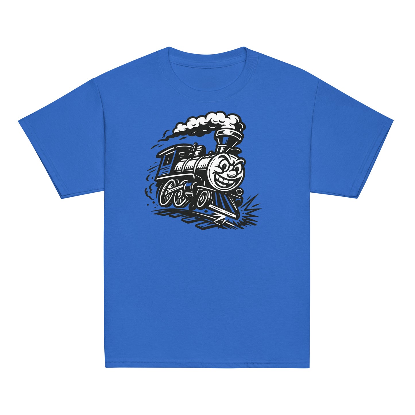 Blue t-shirt with a black steam locomotive graphic on a white background