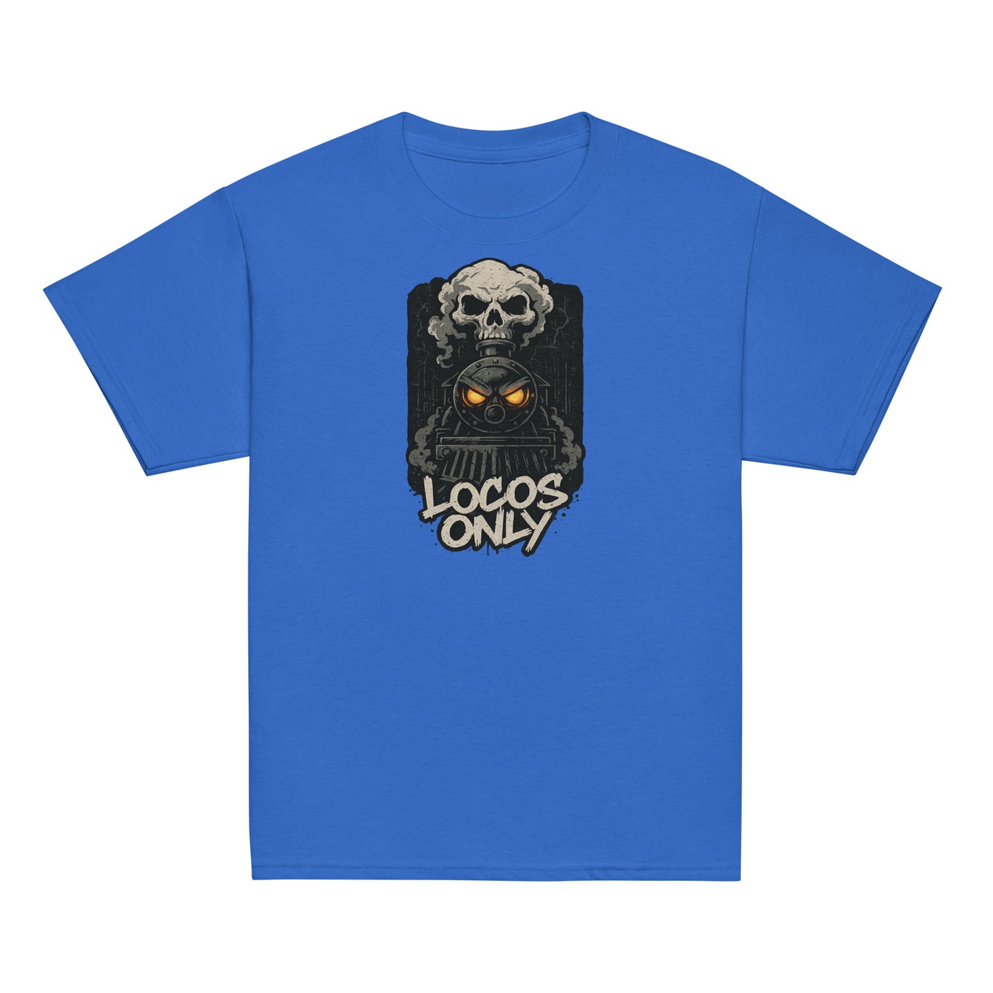 Blue t-shirt with a graphic design featuring a skull and text on a white background