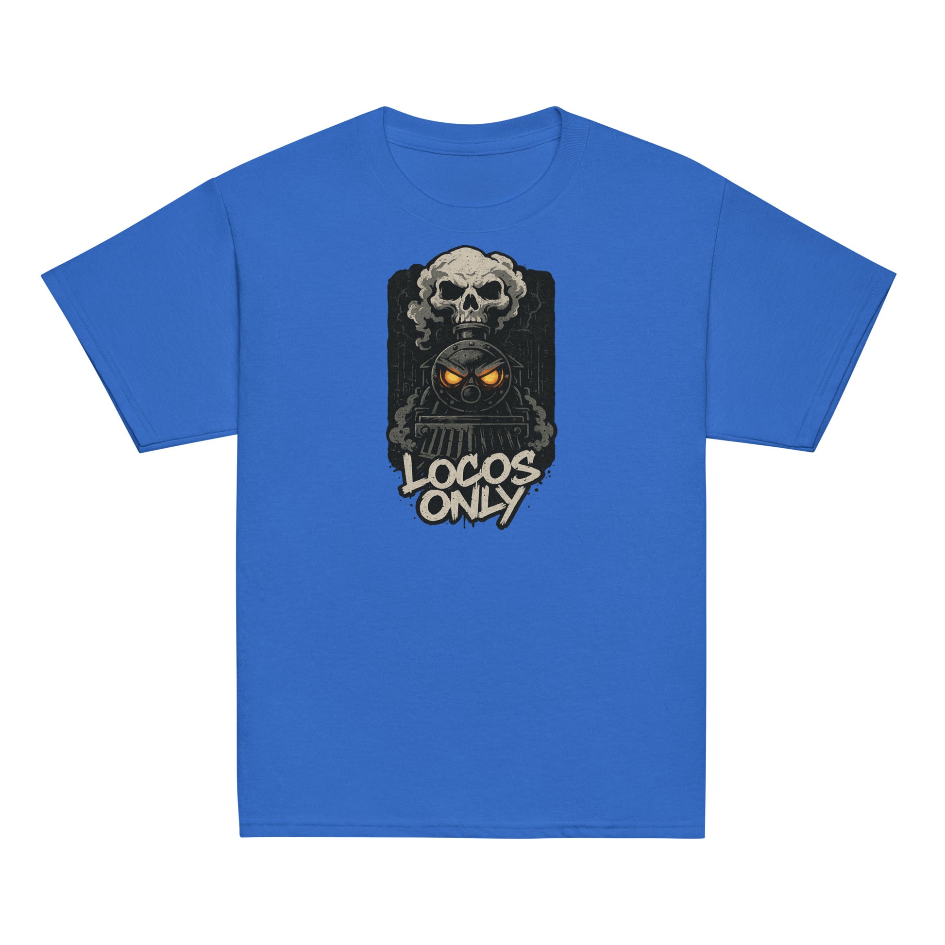 Blue t-shirt with a graphic design featuring a skull and text on a white background