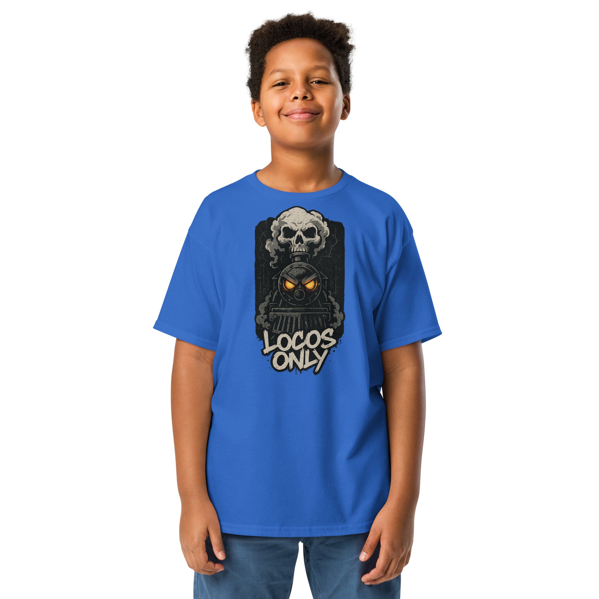 Child wearing a blue t-shirt with a graphic design and text on a white background
