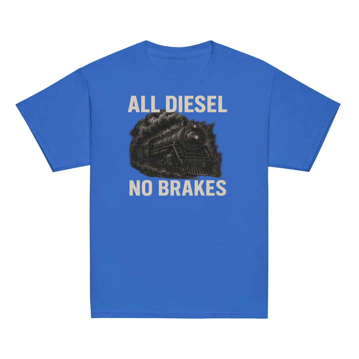 Blue t-shirt with a graphic of a diesel engine and text 'All Diesel No Brakes' on a white background