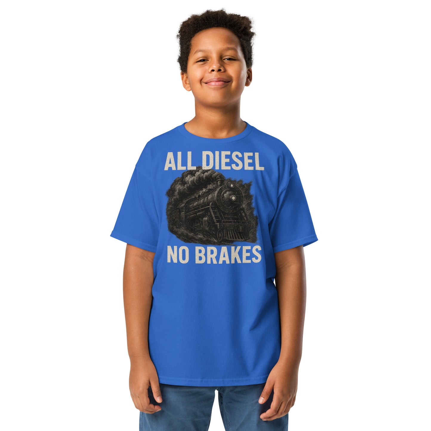 Child wearing a blue t-shirt with 'All Diesel No Brakes' graphic and text.
