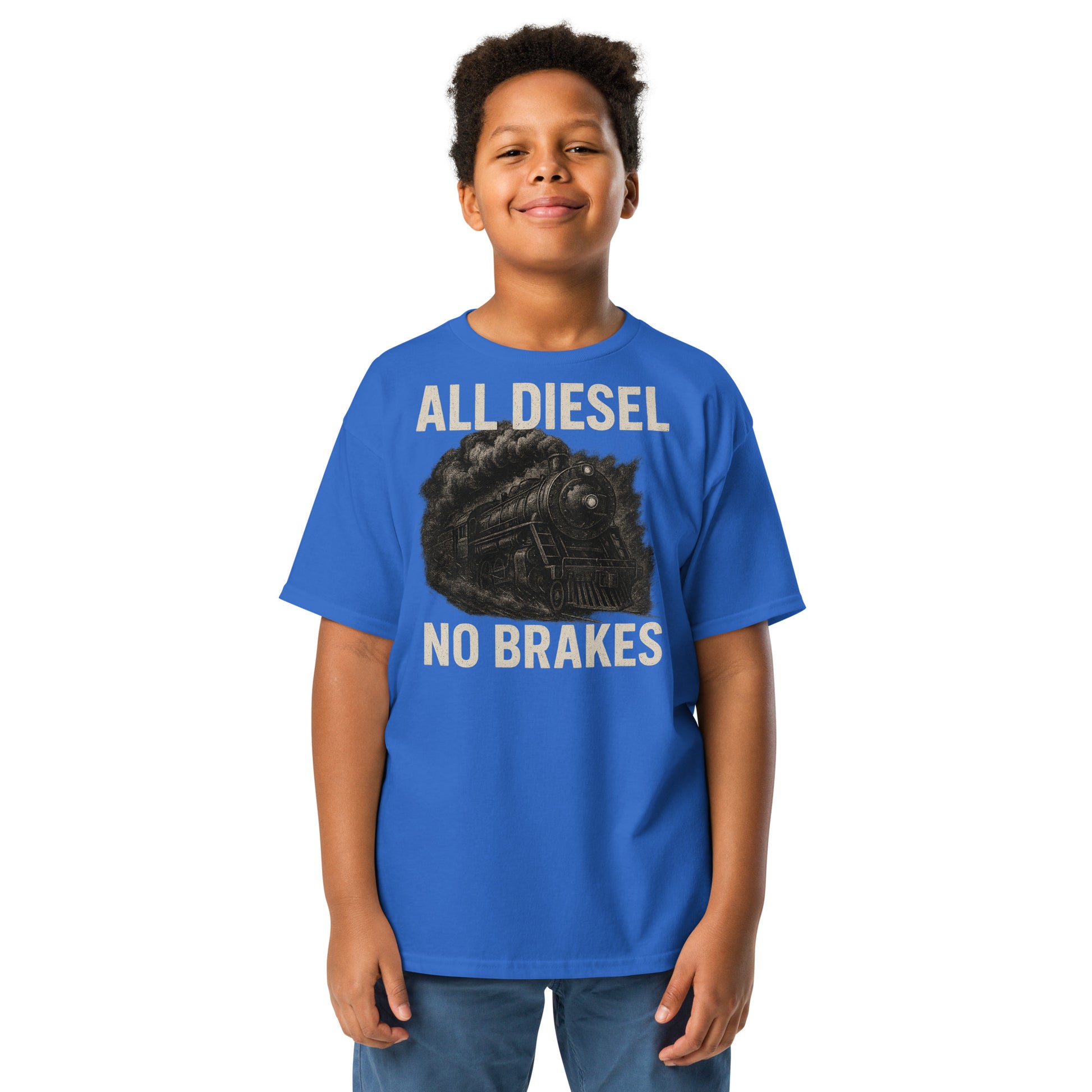 Child wearing a blue t-shirt with 'All Diesel No Brakes' graphic and text.