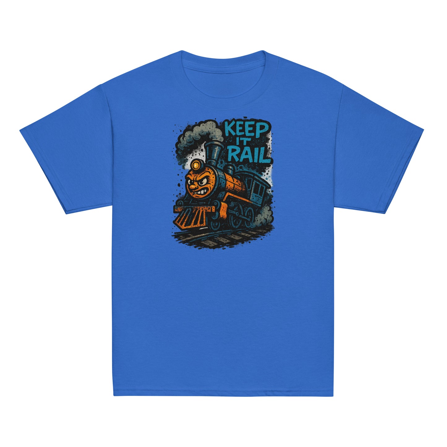 Blue t-shirt with a train graphic and 'Keep It Rail' text on a white background