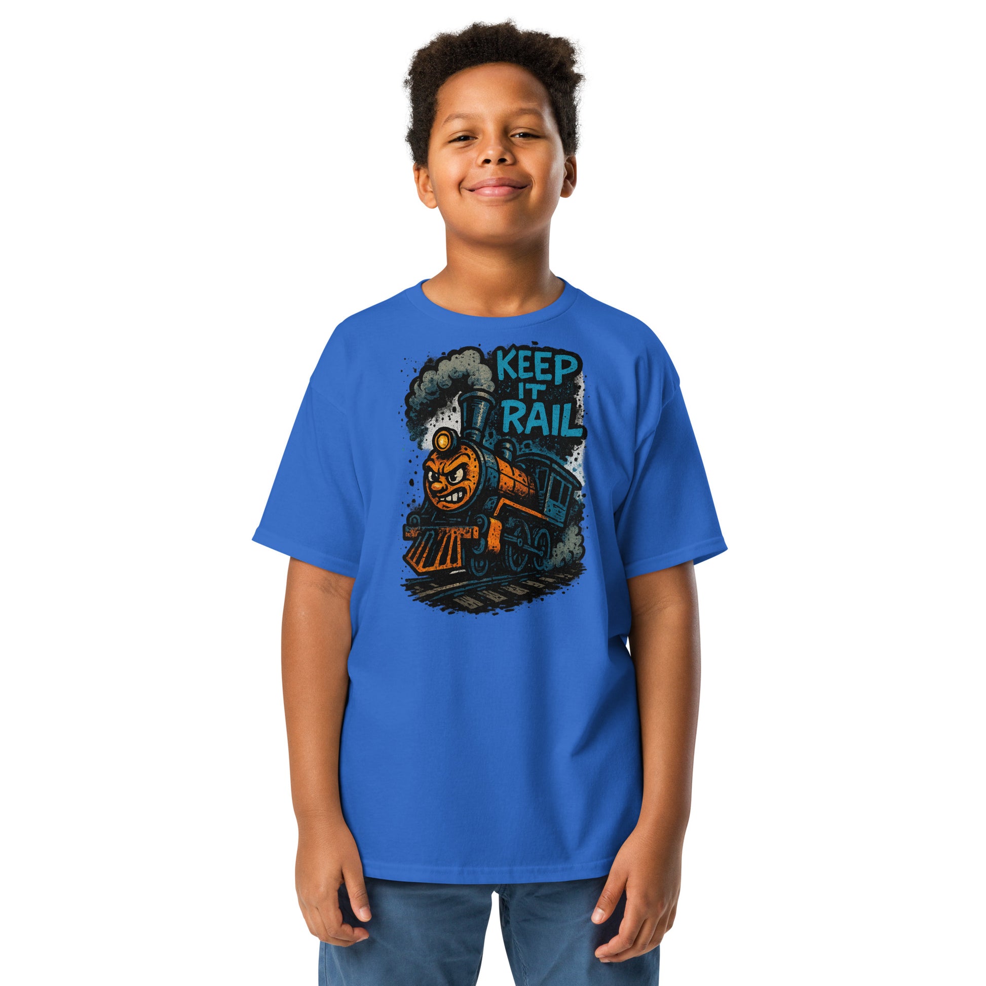 Child wearing a blue t-shirt with a train graphic and text on a white background