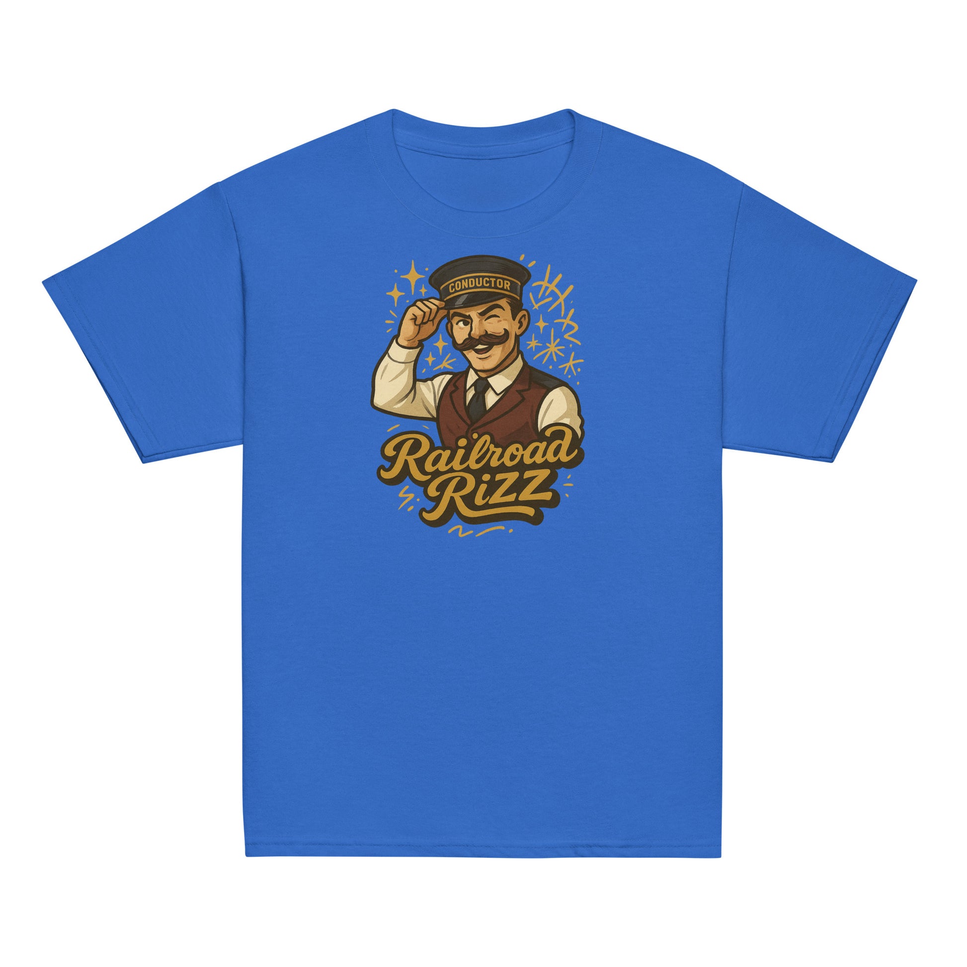 Blue t-shirt with a graphic of a conductor and 'Railroad Rizz' text on a white background