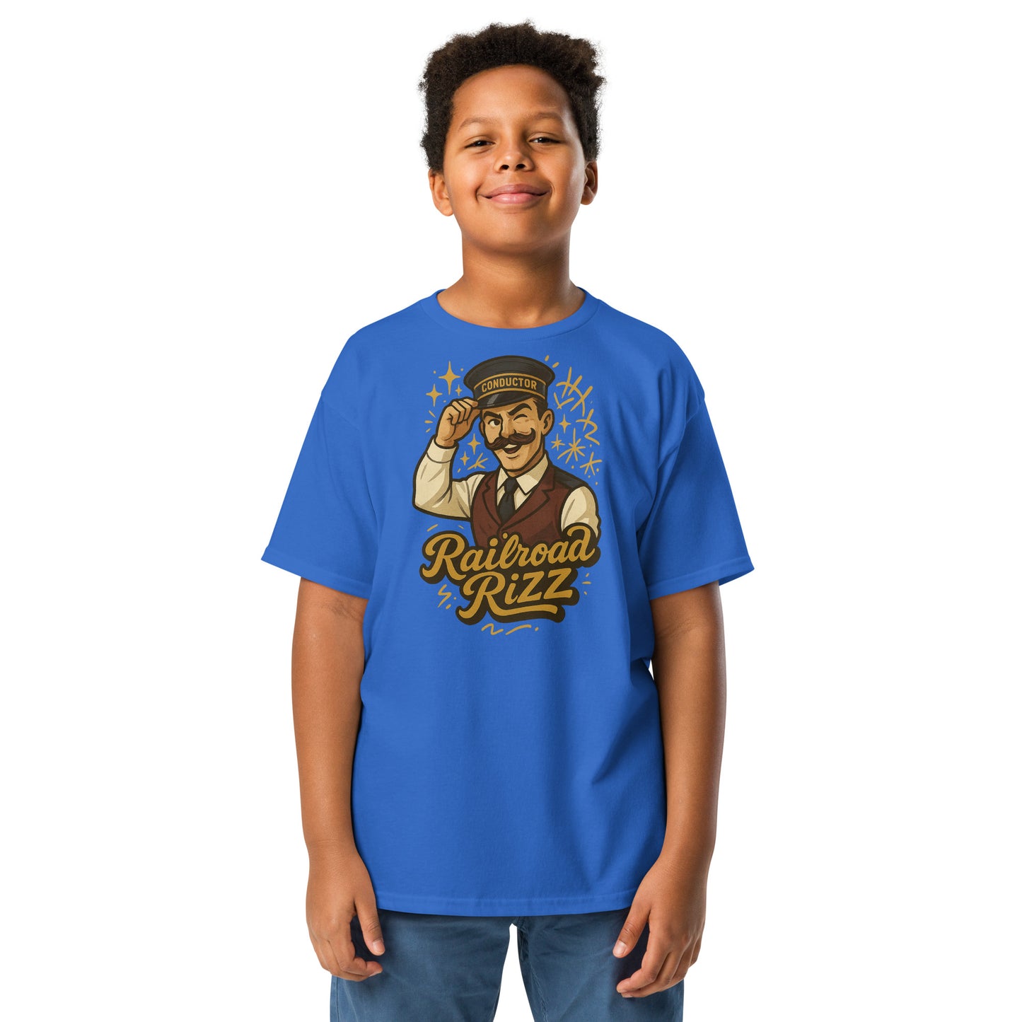 Child wearing a blue t-shirt with a graphic design on a white background