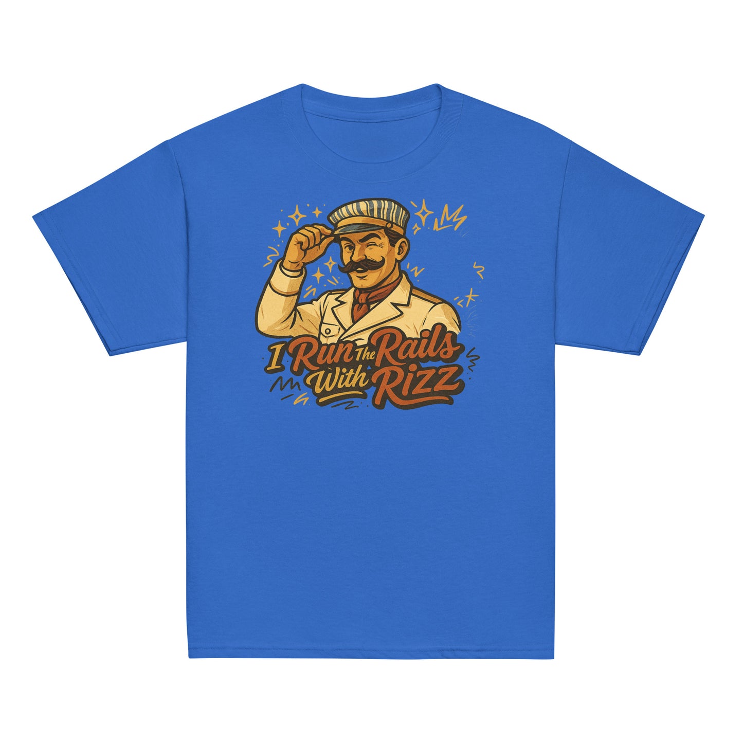 Blue t-shirt with a graphic of a man and text 'I Run the Rails With Rizz' on a white background