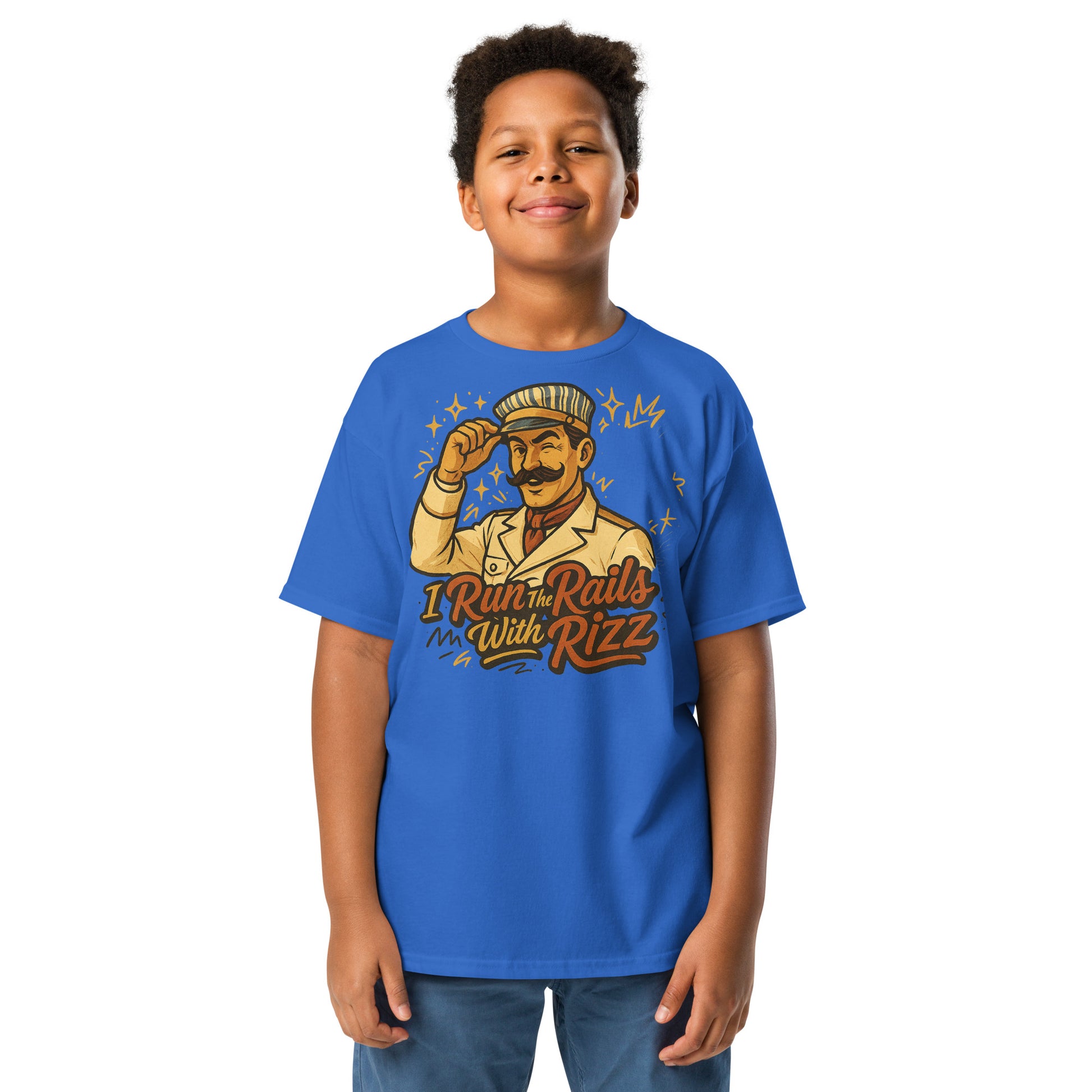 Child wearing a blue t-shirt with a graphic design and text on a white background