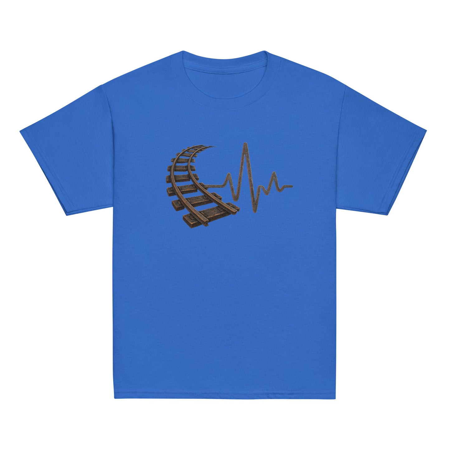 Blue t-shirt with a graphic design on a white background