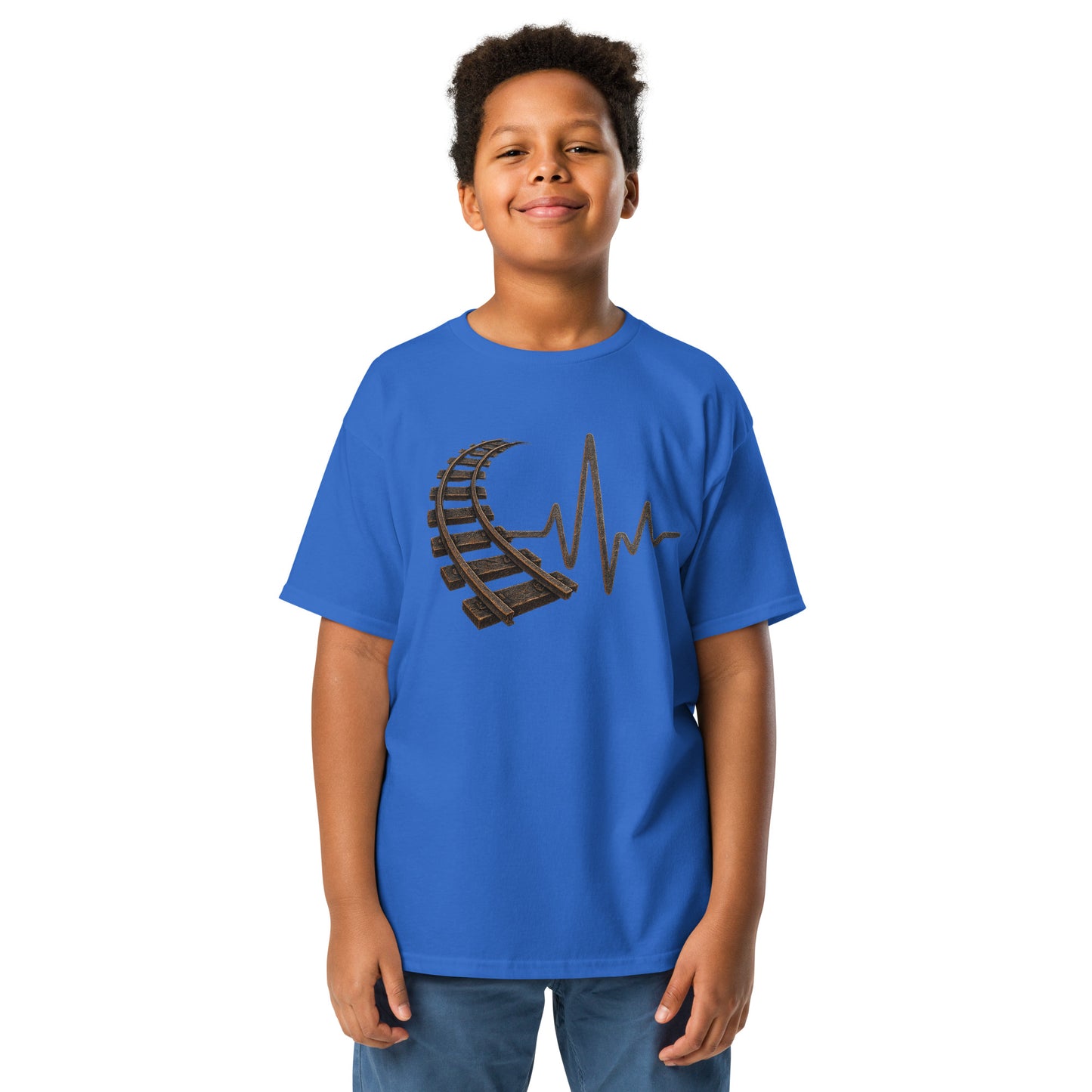Child wearing a blue t-shirt with a graphic design on a white background