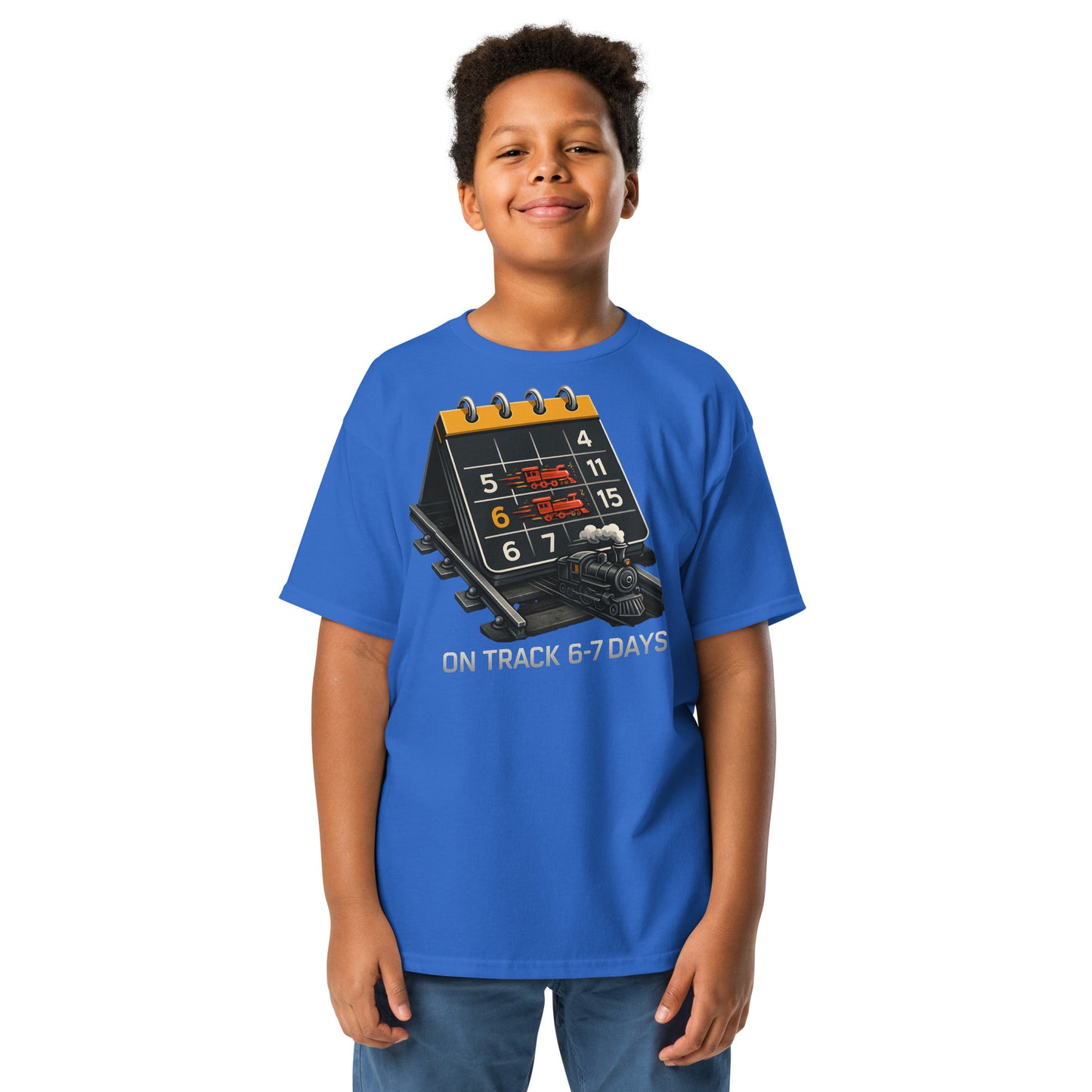Child wearing a blue t-shirt with a graphic design on a white background