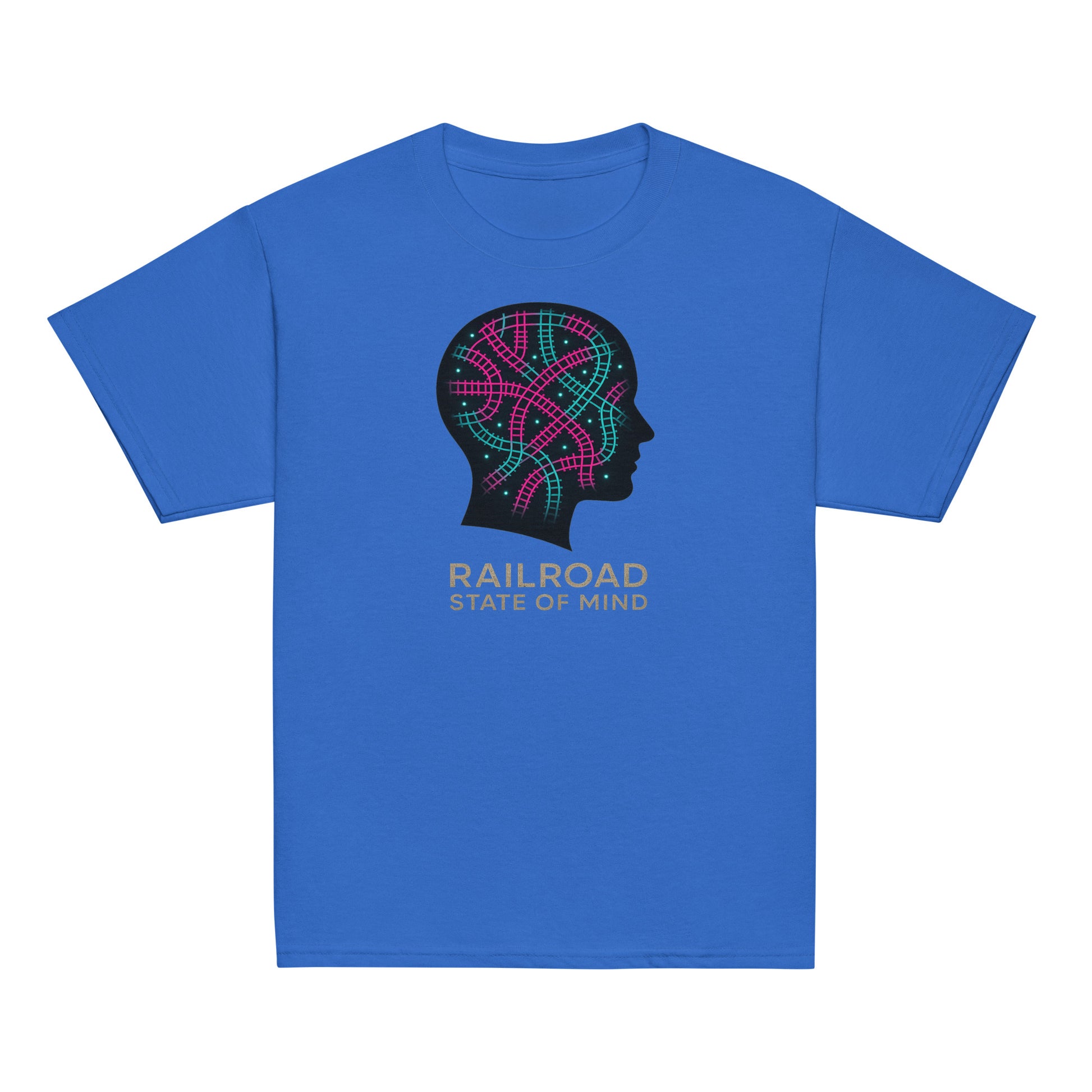 Blue t-shirt with a graphic design of a head and the text 'Railroad State of Mind' on a white background.