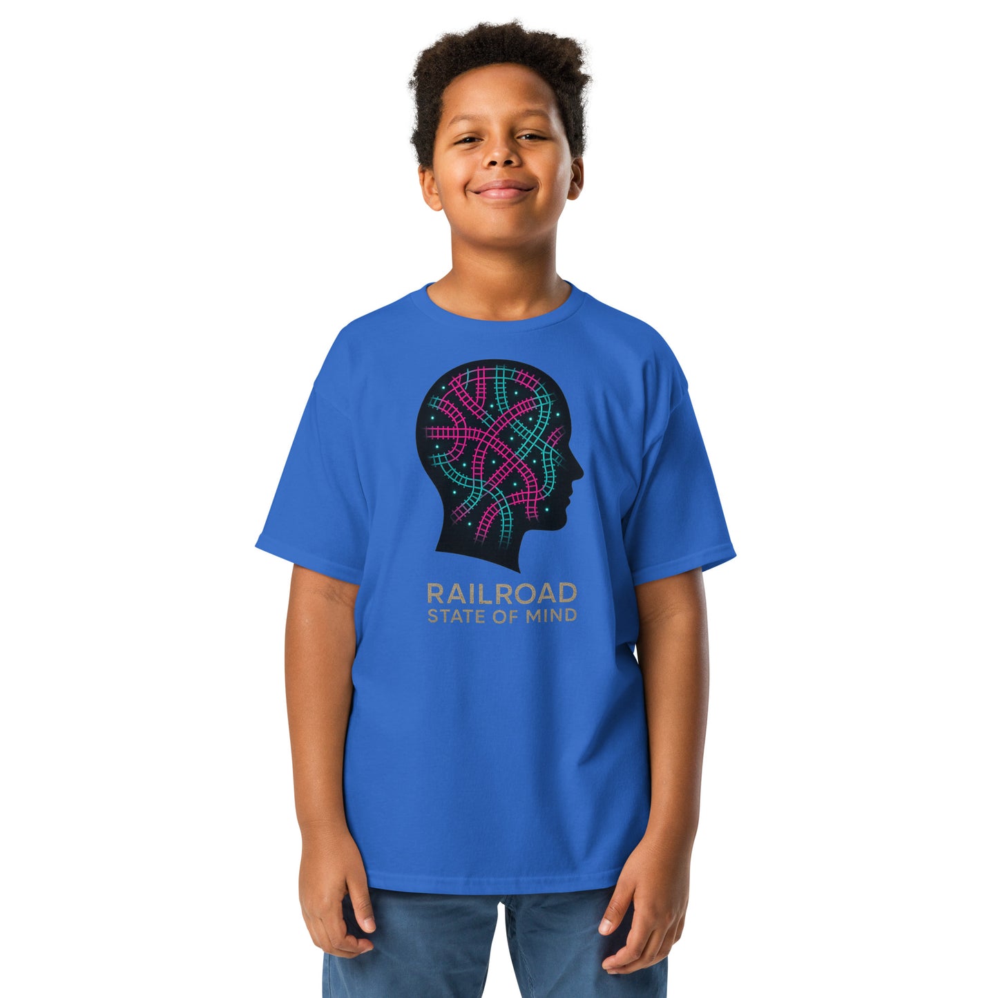 Child wearing a blue t-shirt with a colorful graphic and text on a white background