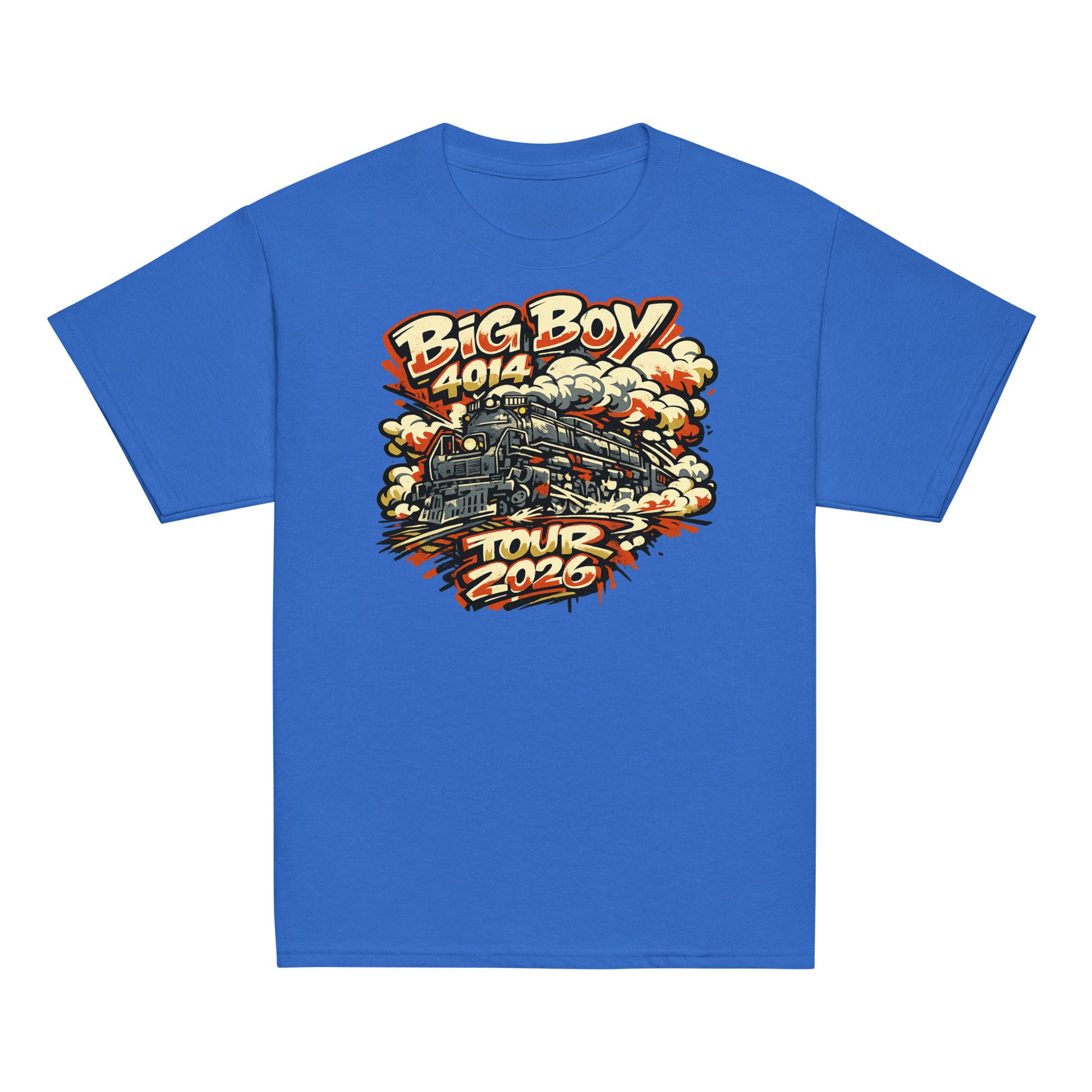 Blue t-shirt with a train graphic and text on a white background