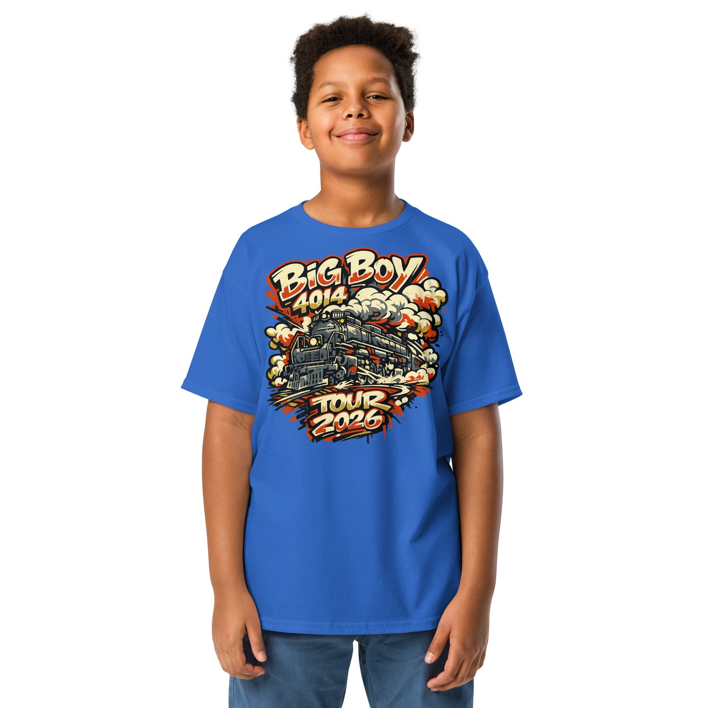 Child wearing a blue t-shirt with colorful Big Boy 4014 graphics and text on a white background