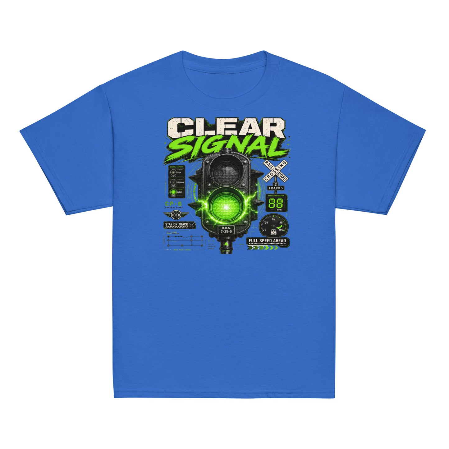 blue short-sleeve t-shirt featuring a bold graphic with the words CLEAR SIGNAL in white and neon green above an electrified green train signal, railroad crossing signs, and technical dials.