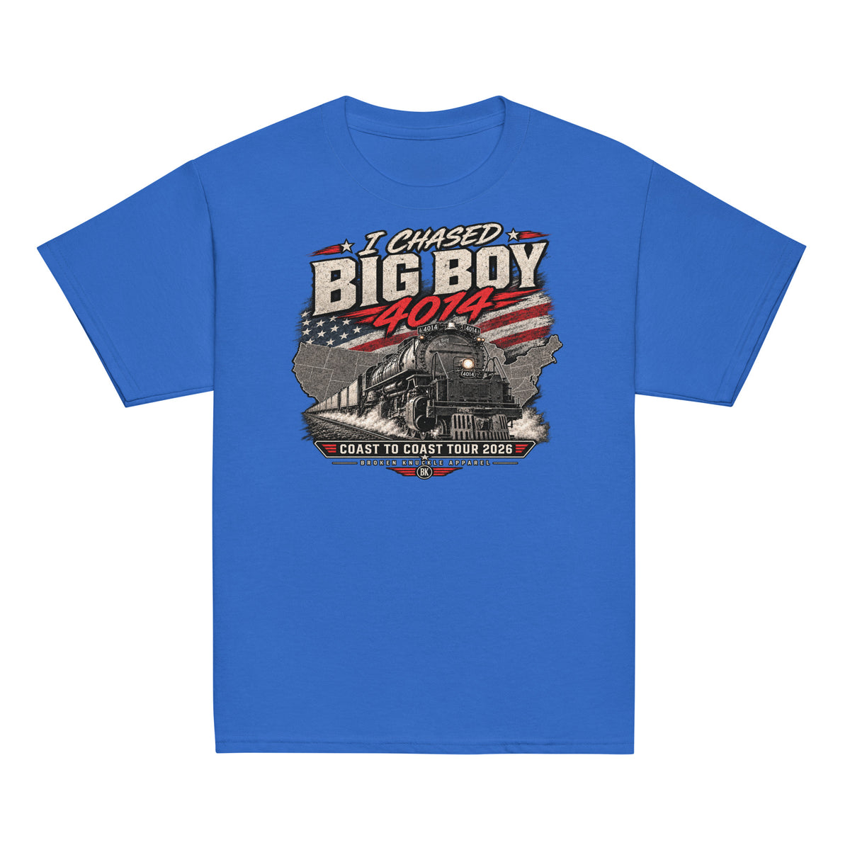 Royal blue short-sleeve t-shirt featuring a graphic of the Big Boy steam locomotive charging out of a US map with an American flag pattern, surrounded by the text I CHASED BIG BOY 4014 and COAST TO COAST TOUR 2026.