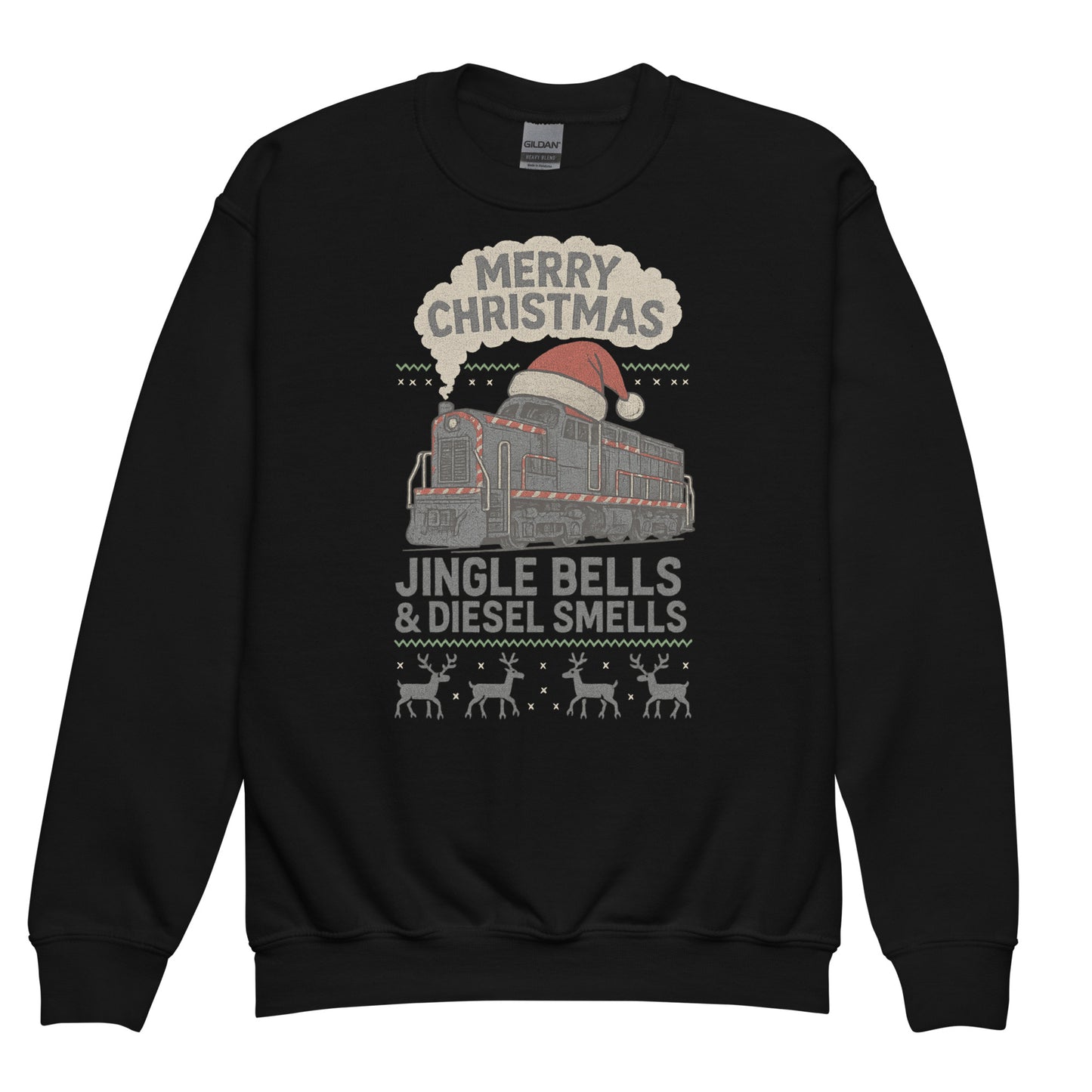 Black sweatshirt with Christmas train design and text on a white background