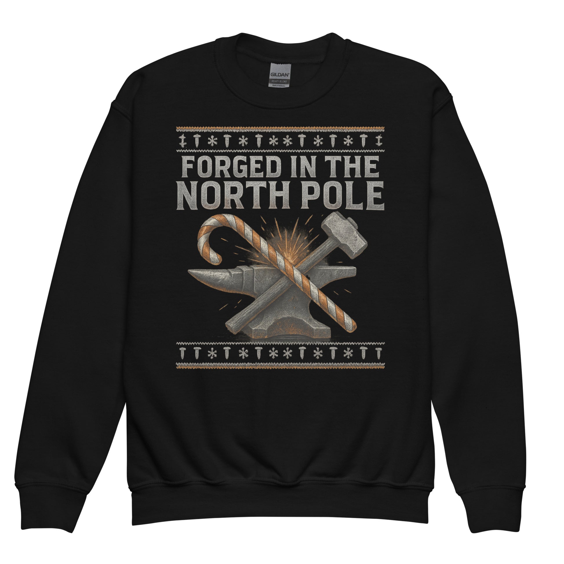 Black sweatshirt with 'Forged in the North Pole' graphic design on a white background