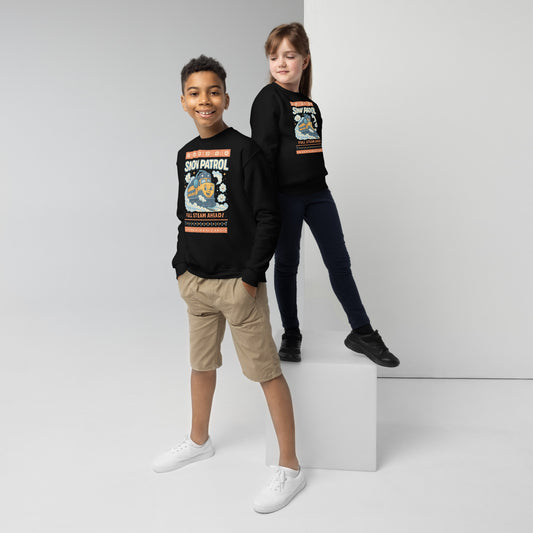Two children wearing black 'Snow Patrol' sweatshirts on a white background