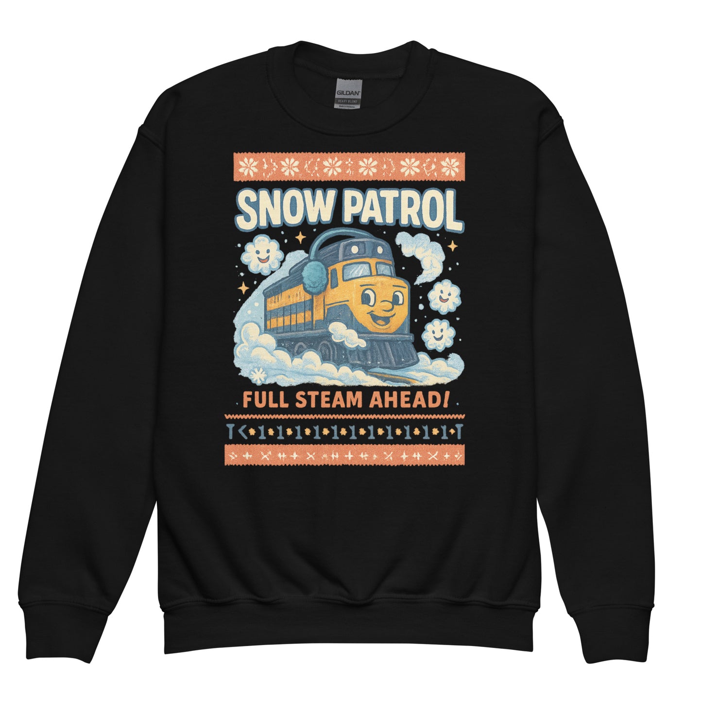 Black sweatshirt with a train graphic and text on a white background