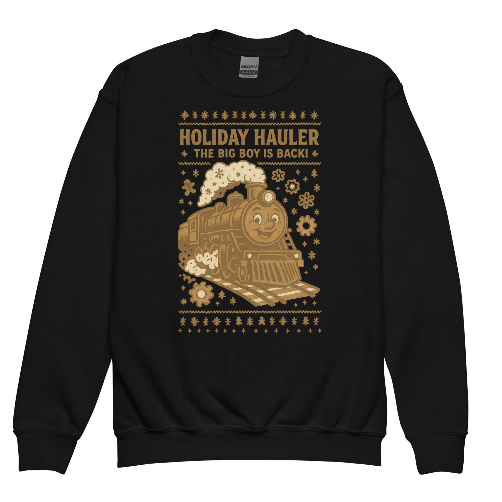 Black sweatshirt with a gold train design and text on a white background