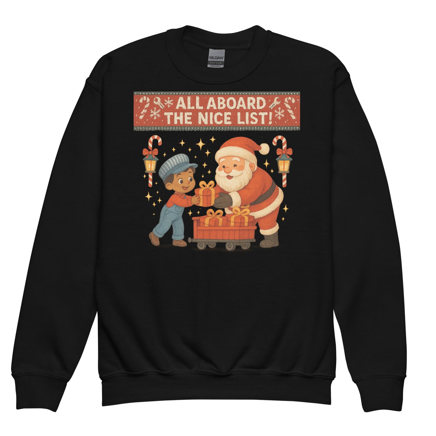 Black sweatshirt with Christmas-themed design featuring Santa and a child, and text 'All Aboard the Nice List!'.