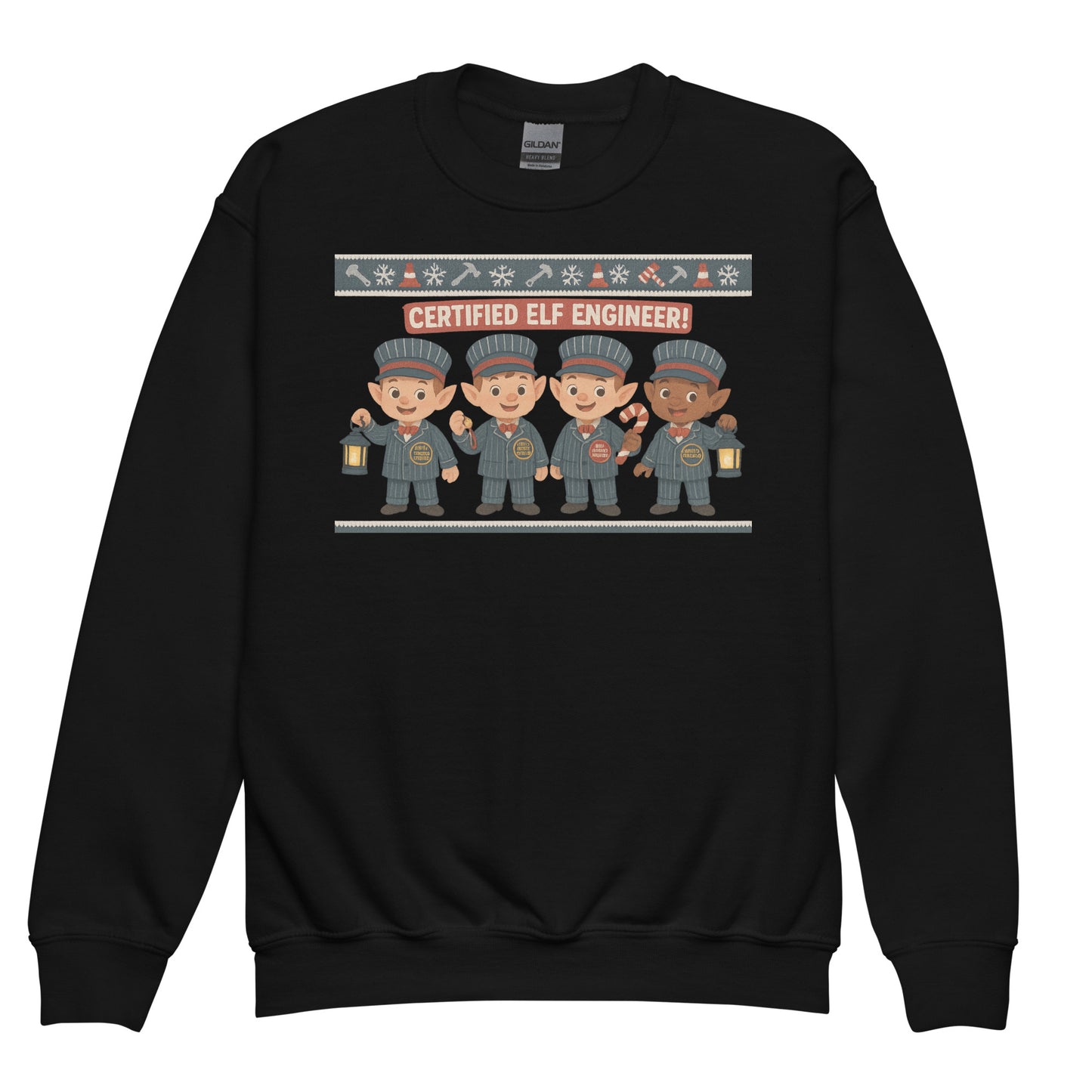 Black sweatshirt with a graphic of four engineers and text 'Certified Elf Engineer' on a white background